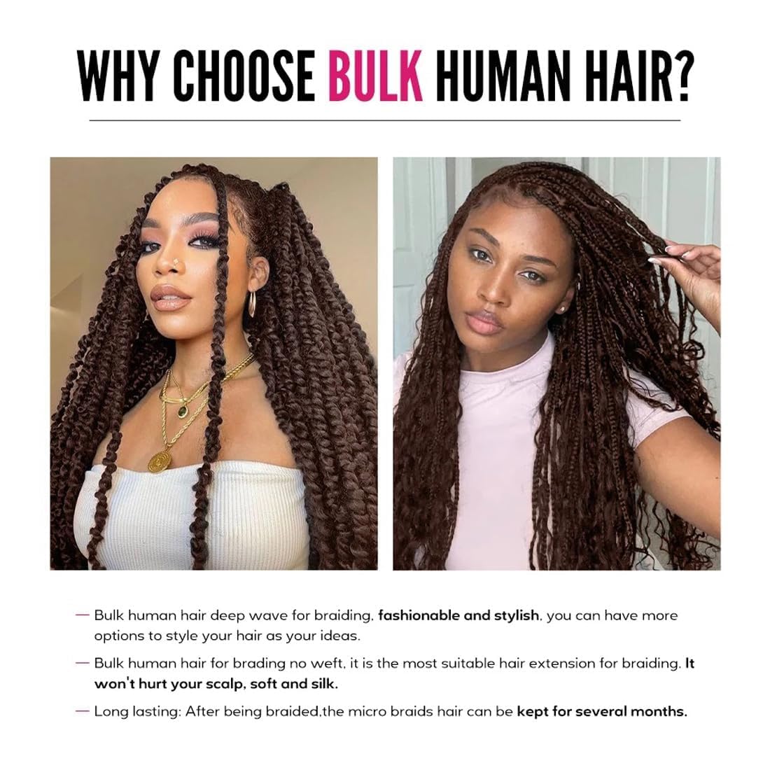 Human Braiding Hair Color 4# 24 Inch Deep Wave 50g Per Bundle 2 Pcs Total 100g Brazilian Virgin Bulk No Weft Braiding Human Hair for Black Women