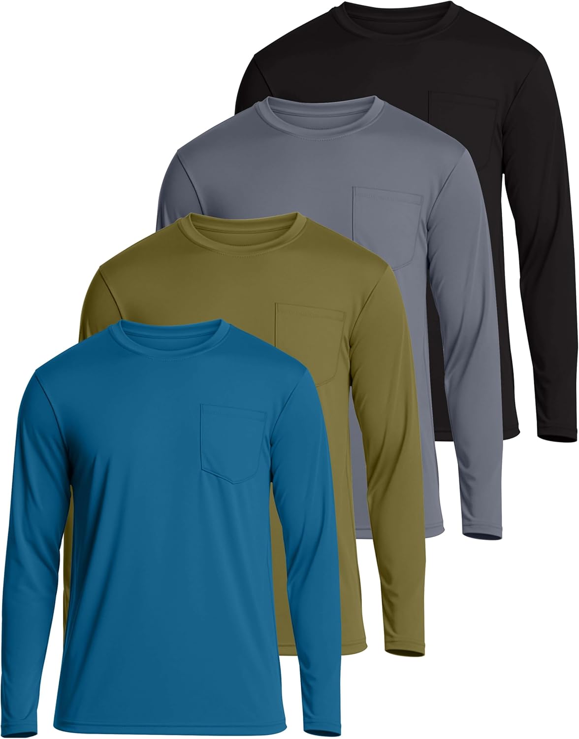 Real Essentials 4 Pack: Men's Dry-Fit Active Athletic Long Sleeve Pocket Crew T-Shirt Outdoors UPF 50 (S-5XLT)