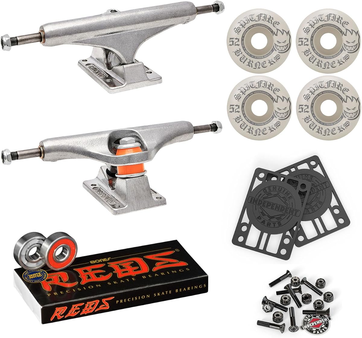 Kit de paquete de camiones independientes para monopatín (elija el tamaño): ruedas Spitfire Burners 99A de 52 mm, con rodamientos Bones Reds, herrajes de montaje de 1"y elevadores de 1/8"