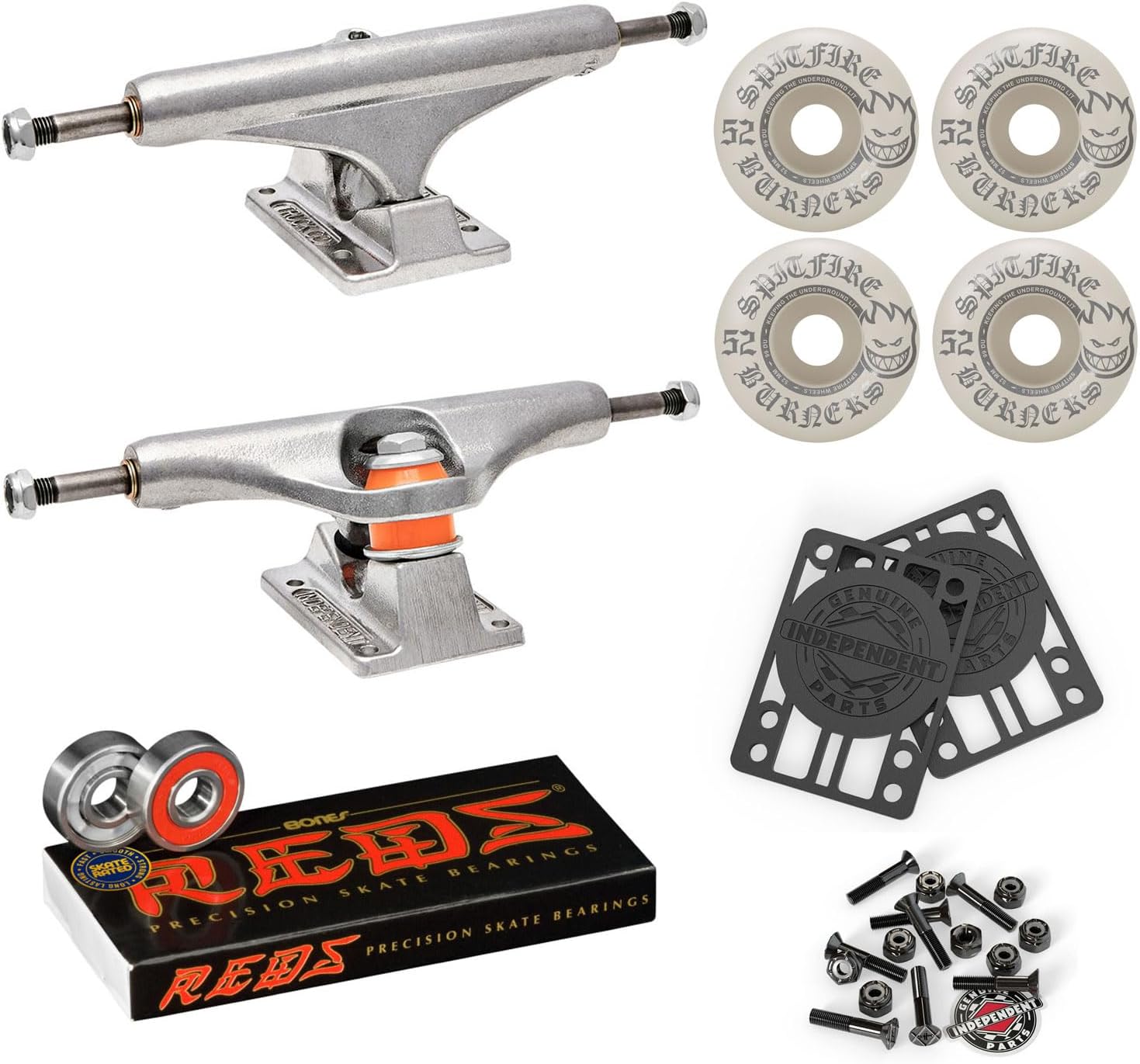 Independent Skateboard Trucks (Choose Size) Package Kit: 52mm Spitfire Burners 99A Wheels, with Bones Reds Bearings, 1" Mounting Hardware, and 1/8" Risers