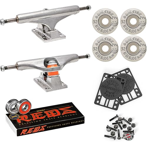 Independent Skateboard Trucks (Choose Size) Package Kit: 52mm Spitfire Burners 99A Wheels, with Bones Reds Bearings, 1" Mounting Hardware, and 1/8" Risers