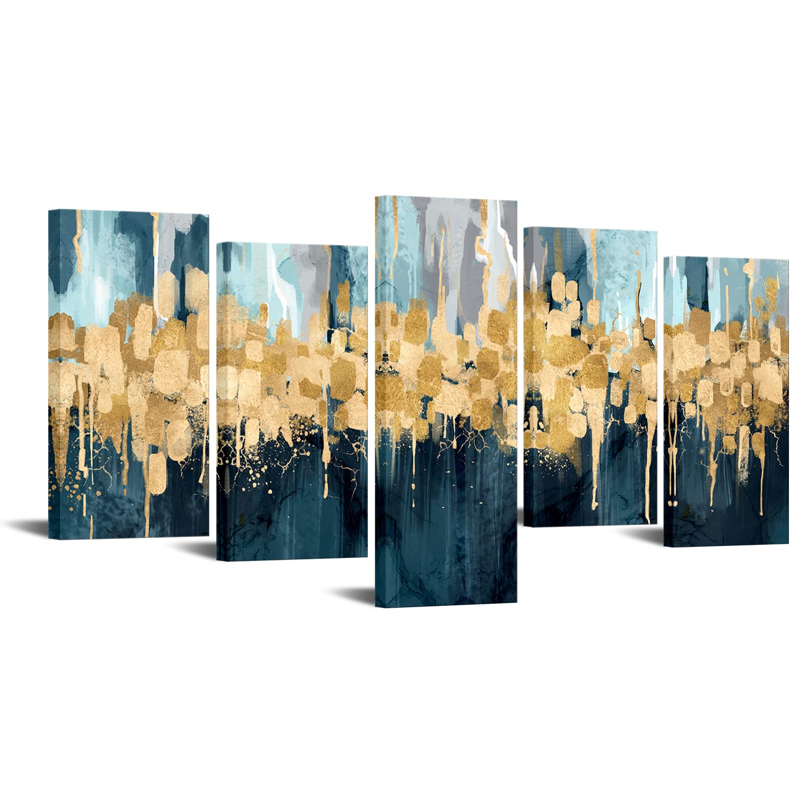 iKNOW FOTO Large 5 Panel Abstract Canvas Wall Art Navy Blue and Gold Painting Contemporary Picture Wall Decor for Living Room Bedroom Office Home Decorations 60x32inch