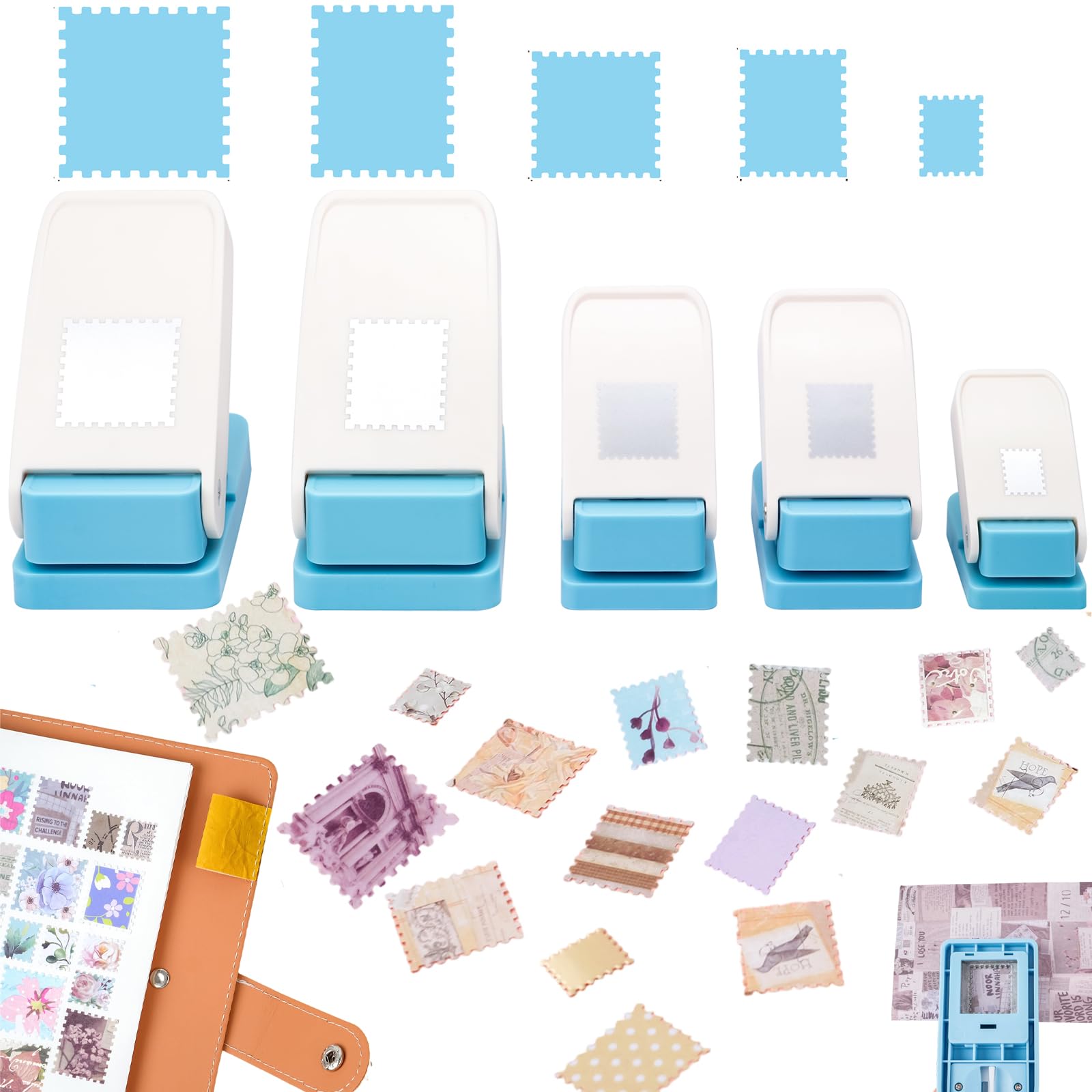 5 szt. stempli do stempli, 1 x 0,8 cala, prostokątne stemple pocztowe 0,6 x 0,5 cala, dziurkacz do stempli 1,5", dziurkacz do stempli, dziurkacz, dziurkacz do papieru do rękodzieła