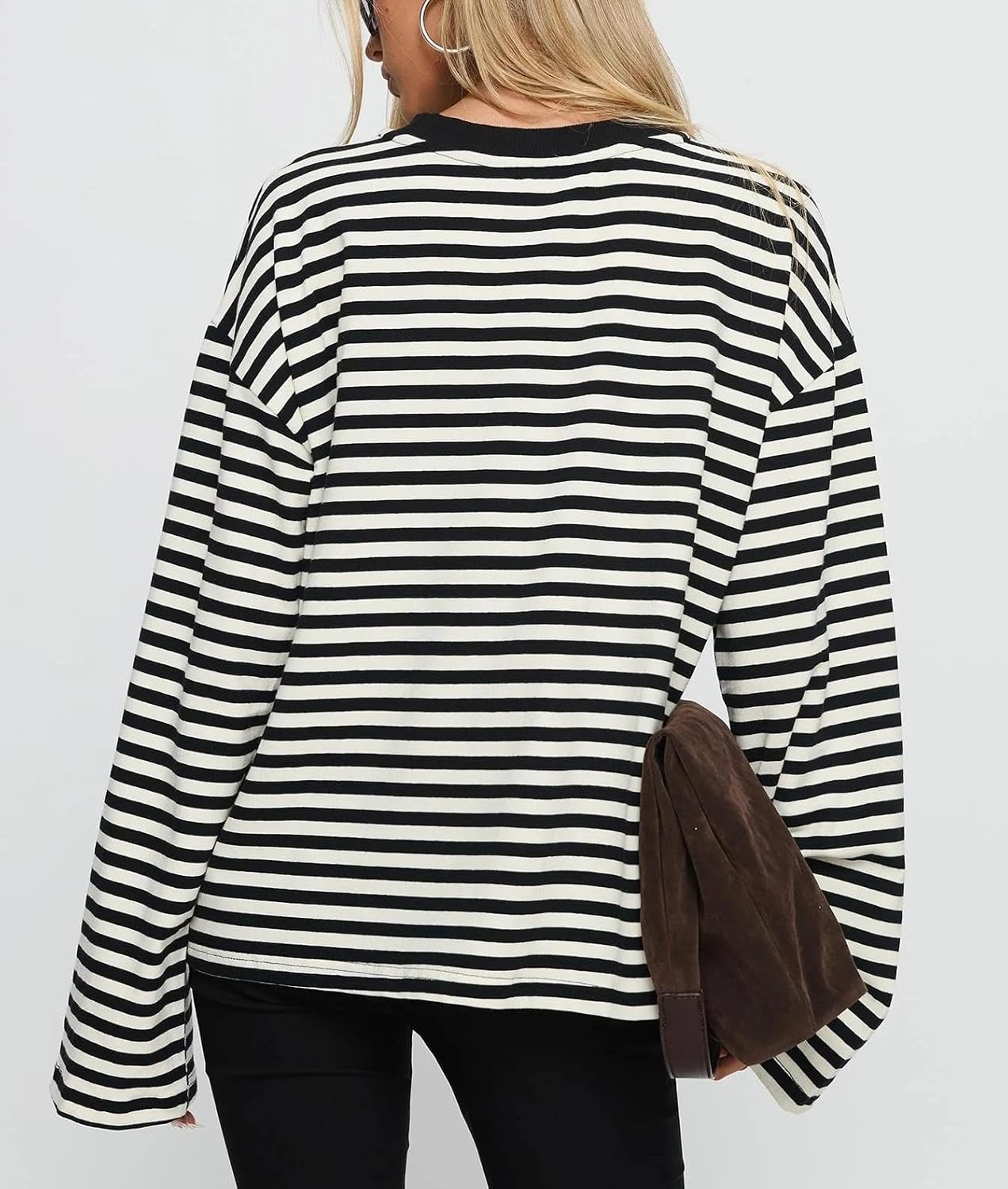 Striped Long Sleeve Shirt Women Y2k Oversized Crewneck Vintage Tops Fall Winter Drop Shoulder Cute Preppy Pullover - Image 5