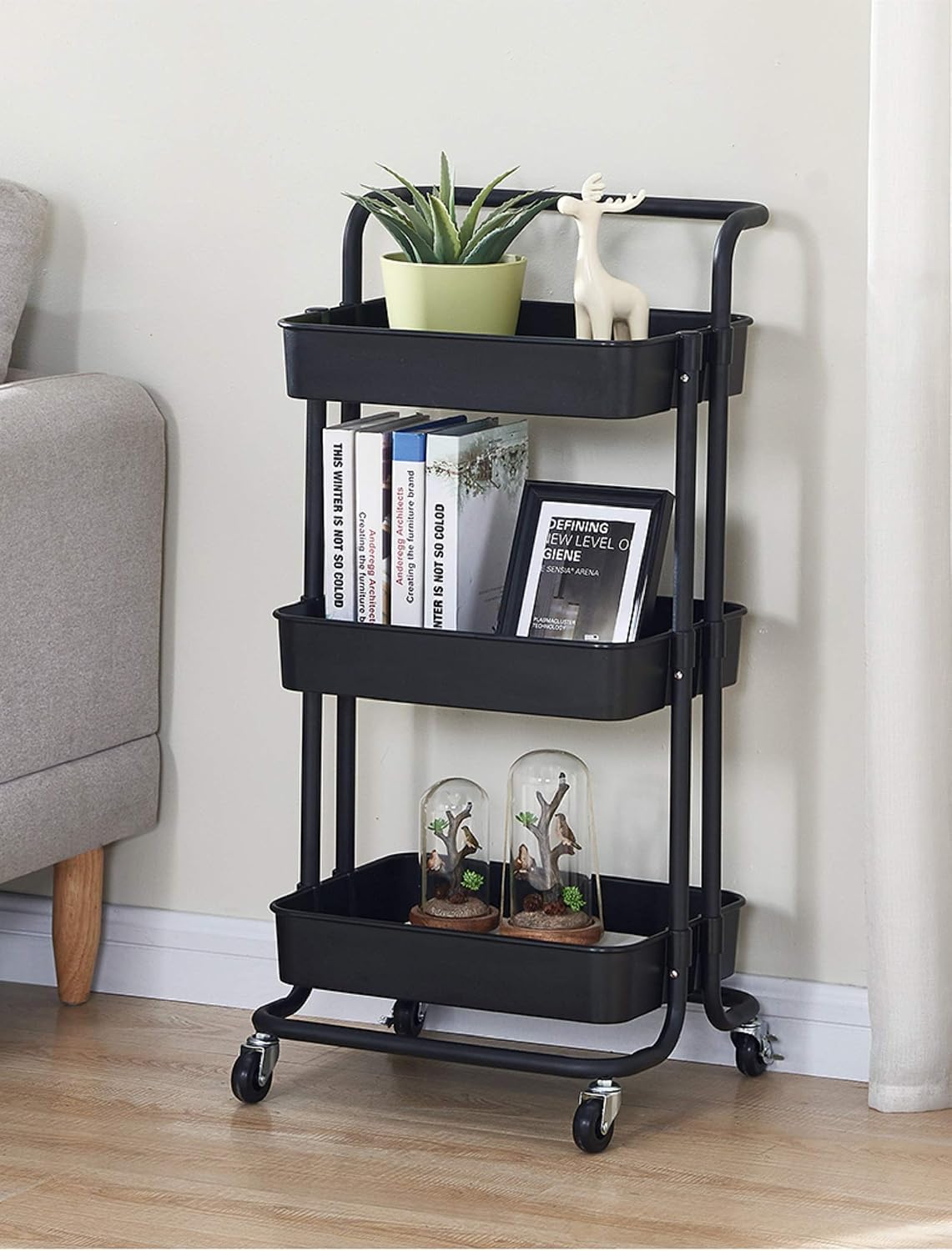 Household Storage Trolley, Utility Cart with Wheels, 3 Tier Rolling Cart, Service Trolley Cart, Mobile Storage Cart, Removable Utility Organizer Cart, Craft Cart for Kitchen, Office, Bathroom, Black