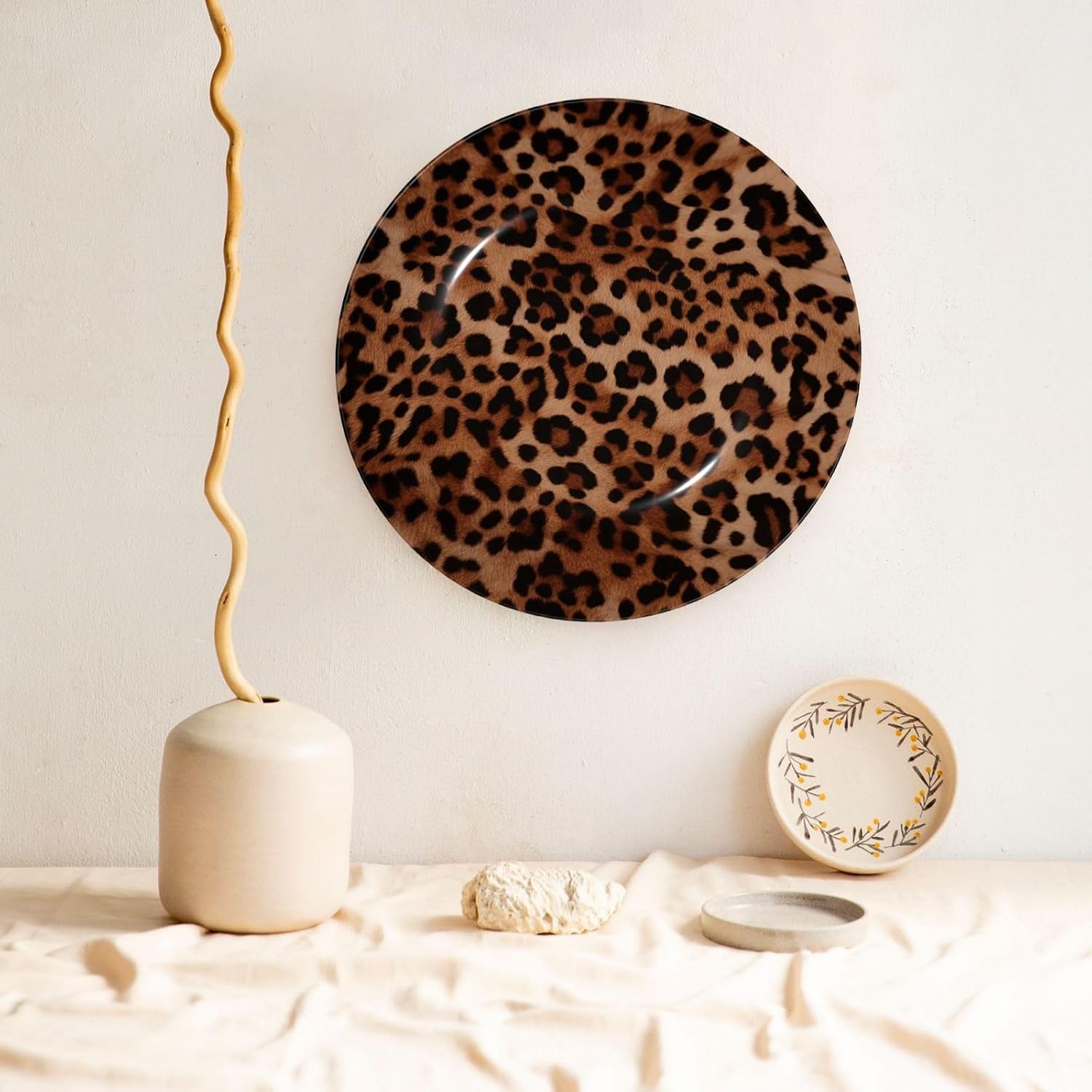 7in Bone China Decorative Plate with Display Stand, Art Porcelain Plate Hanging Ceramic Ornaments Art Crafts Leopard Print Porcelain Dinner Plates for Home Office Wall Decor image 5