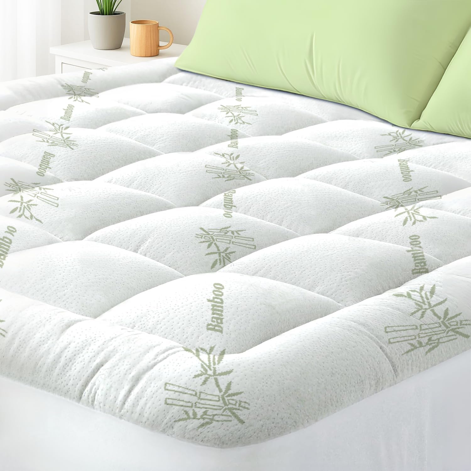 Queen Mattress Topper Viscose Derived from Bamboo, Cooling Thick Pillow Top Mattress Pad with Deep Pocket for 8"-21" Mattress, Soft Breathable Mattress Topper for Back Pain Relief, Green