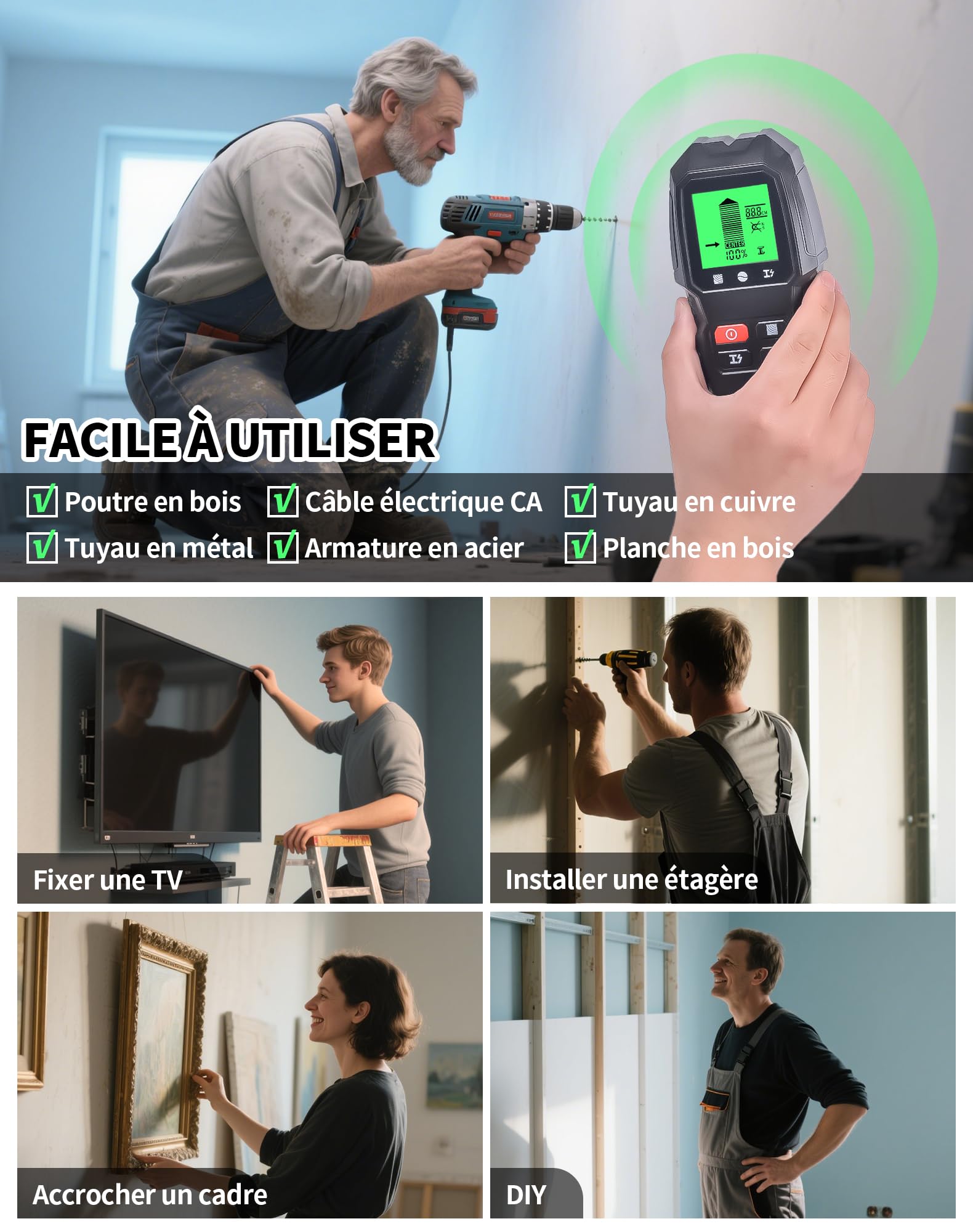 Détecteur Mural 5 en 1 – Scanner Multifonction avec Écran LCD & Alarme, Localise Métaux, Câbles Électriques, Poutres Bois, Tuyaux Métalliques