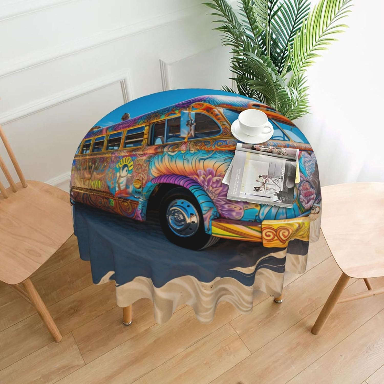 Beach Bus Print Wrinkle Free Dining Table Cover for Birthday Party Farmhouse Tablecloths Up to 60 x 60 Inches