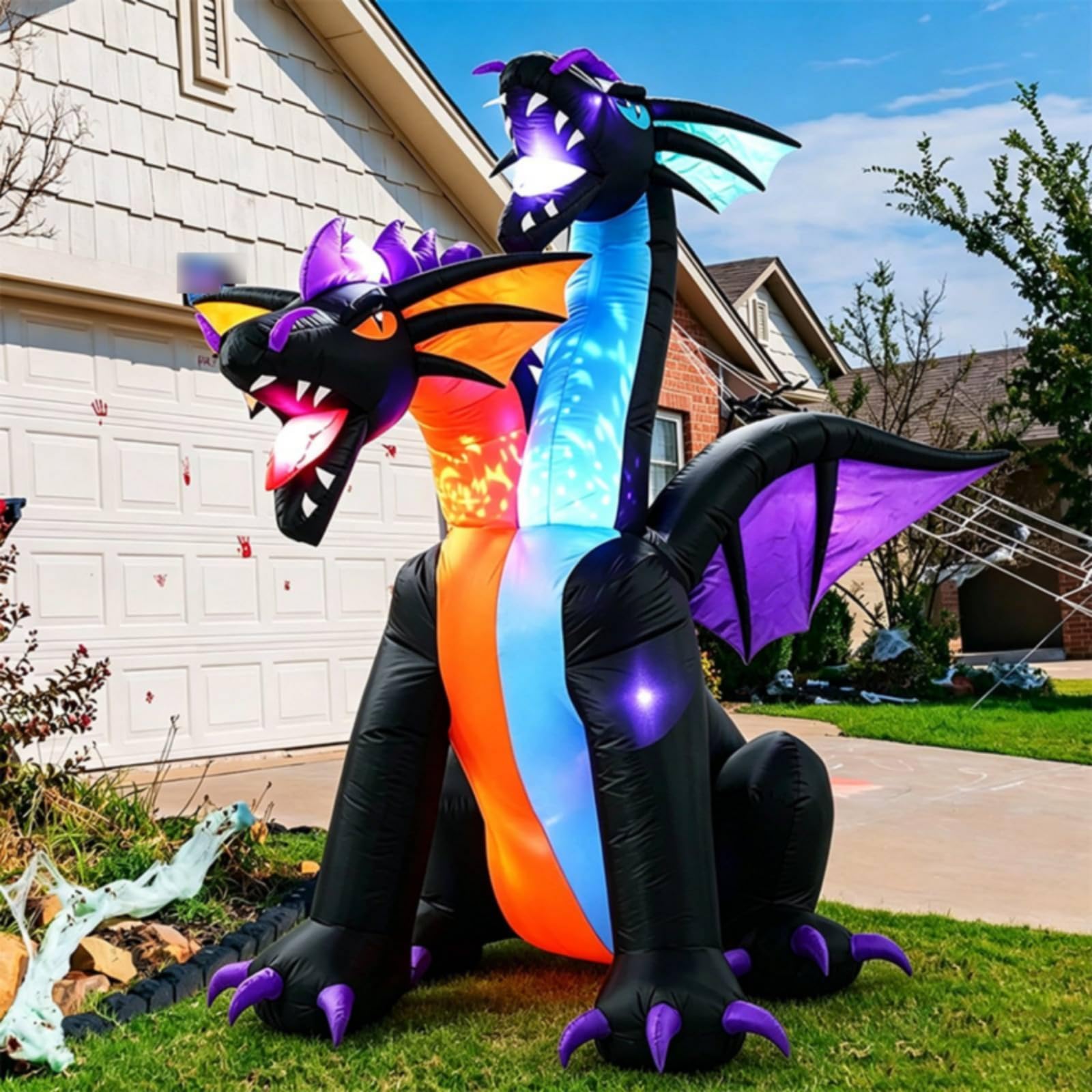 Outdoor Aufblasbare Deko Drachen Figur Luftfigur Gartenmotiv LED Beleuchtung Polyester Material mit Gebläse Und Heringen für Hof Dekoration Gartenparty Halloween