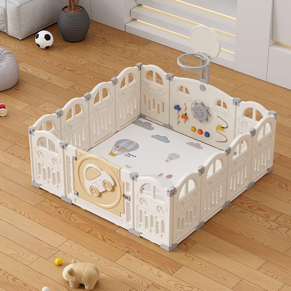 UBRAVOO Parc pour bébé pliable avec mini panier de basket et 50 balles colorées, à thème de voiture pour tout-petits,grand centre d'activités intérieur amusant(14 panneaux,Blanc laiteux)