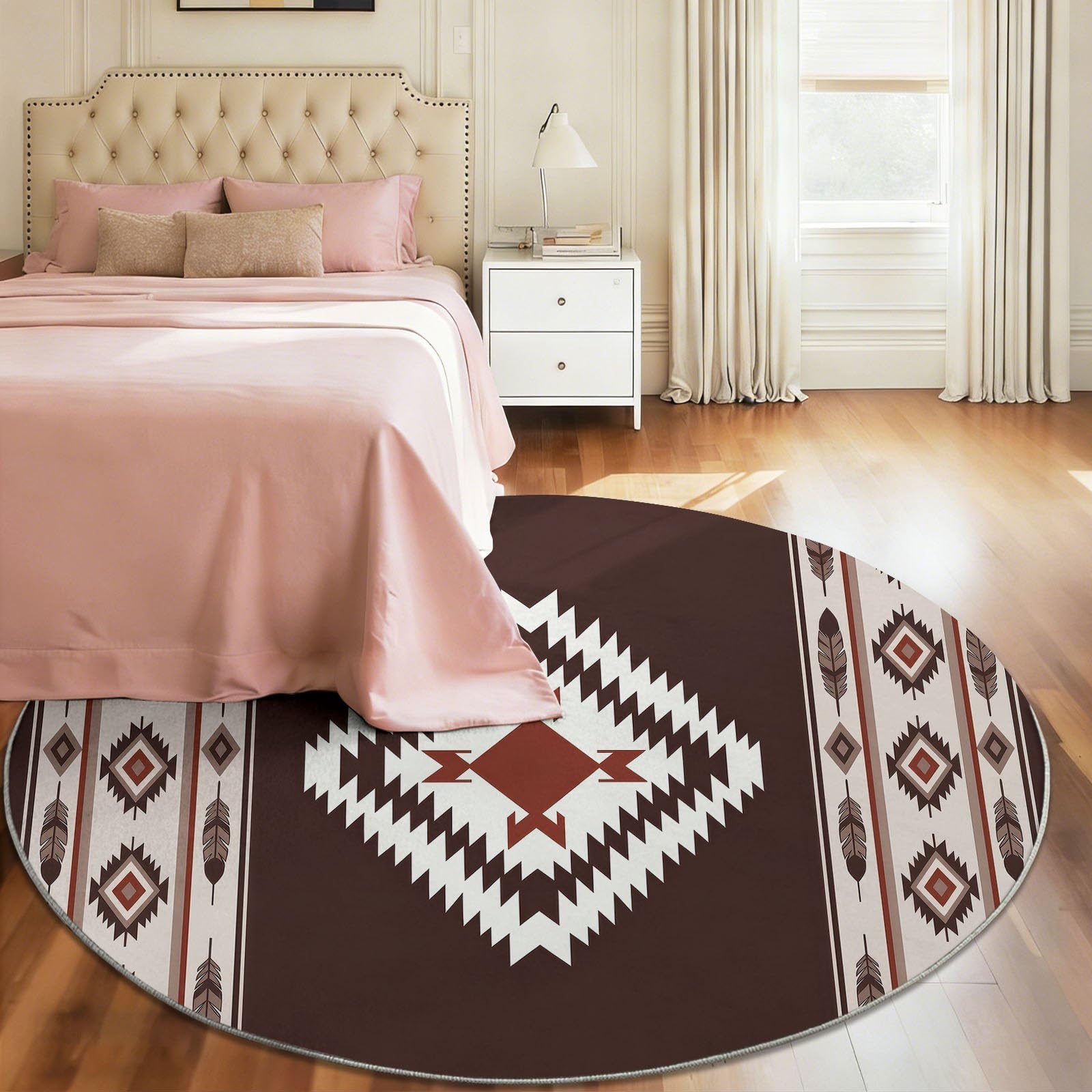 Tappeto rotondo in stile bohémien, lavabile, per soggiorno, 120 cm, a pelo corto, per tavolino da caffè, motivo geometrico, motivo geometrico, antiscivolo, per camera da letto e cameretta dei bambini