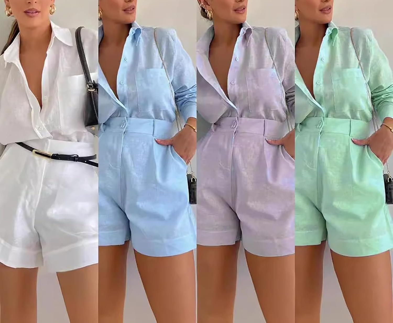 Geulis Women's 2 Piece Shirts Outfits Casual Button down Long Sleeve Blouses Tops High Waisted Shorts Sets with Pockets - Image 4