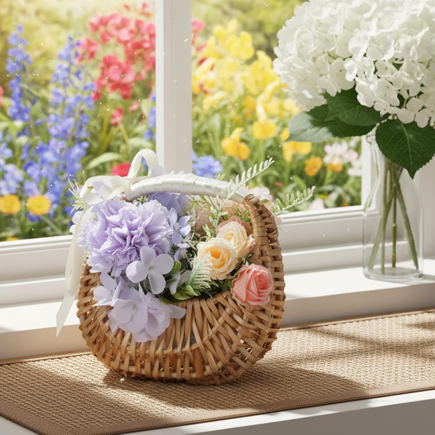 Kifmurase 4PCS Flower Girl Baskets, Boho Small Wicker Basket with Handle, Easter Petal Candy Storage Basket Bulk, Half Moon Rattan Woven Baskets for Wedding Picnic Garden Home Decor, 7.4 × 6.5 Inch