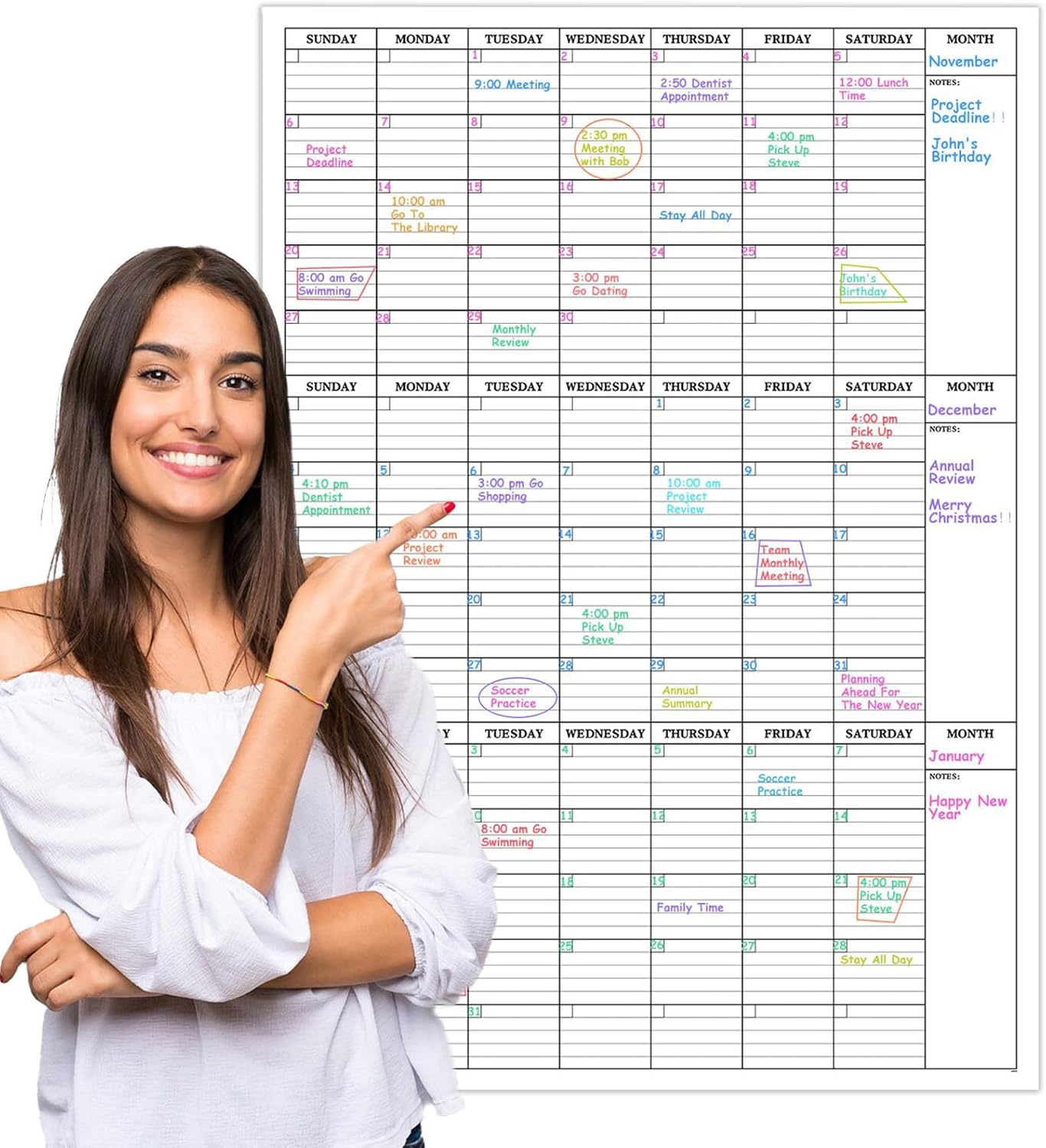 Calendario De Pared Grande De Borrado En Seco, 38 X 72 Pulgadas, Calendario Anual Reutilizable 2024 Sin Fecha, Póster Anual Gigante De Pizarra Blanca, Calendario De Oficina Laminado Jumbo De 12 Meses