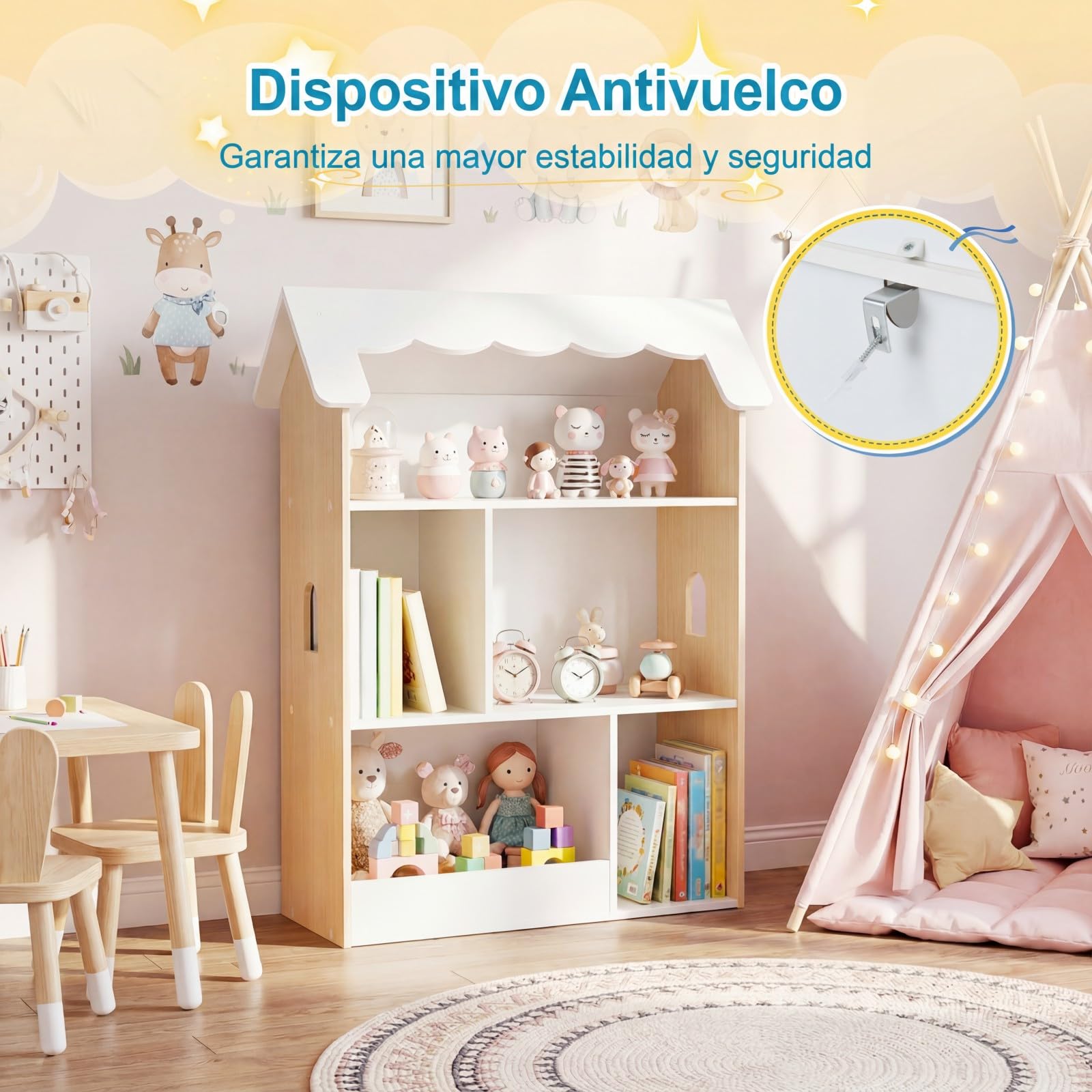 COSTWAY Librería Infantil de 3 Niveles, Estantería para Niños en Forma de Casa con Estantes Abiertos, Armario Organizador de Juguetes de Madera para Sala de Juegos Habitación Infantil Guardería