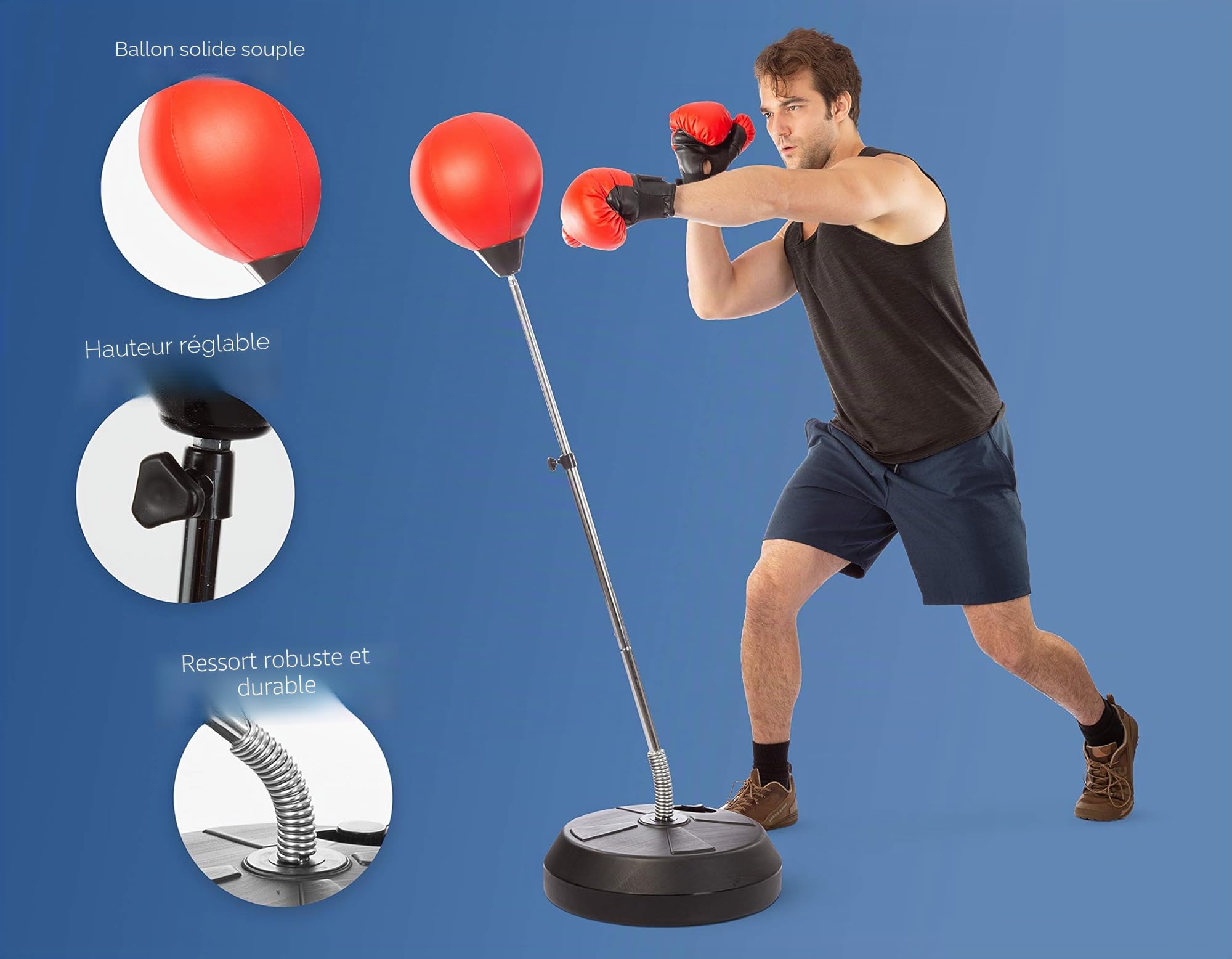 Kit de Boxe avec Ballon de Frappe, Gants, Pompe et Support Réglable – Entraînement Fitness & Réflexes pour Adultes