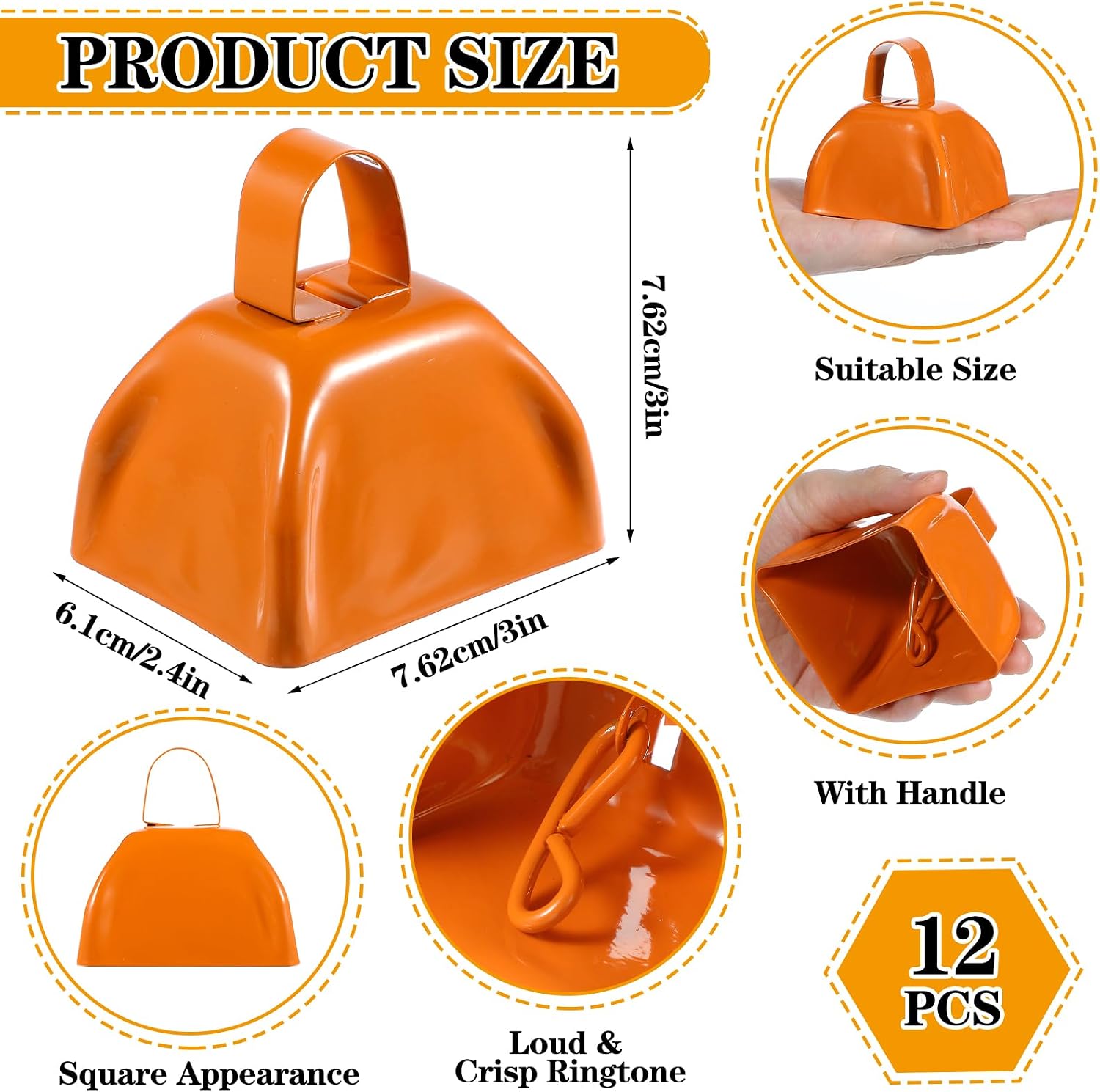 12 Pcs Metal Cowbells with Handle, Cow Bells Noise Makers for Sporting Events, Small Cow Bell Loud Bells Noisemaker Hand Percussion Cow Bells Noise Makers for Sporting Events, Football Games (Orange)
