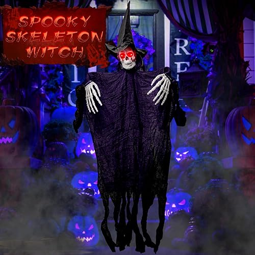 Miniatura 7 de Decoración de Halloween, fantasma de esqueleto de bruja colgante, 41.3 pulgadas con ojos brillantes, decoraciones de Halloween para exteriores,