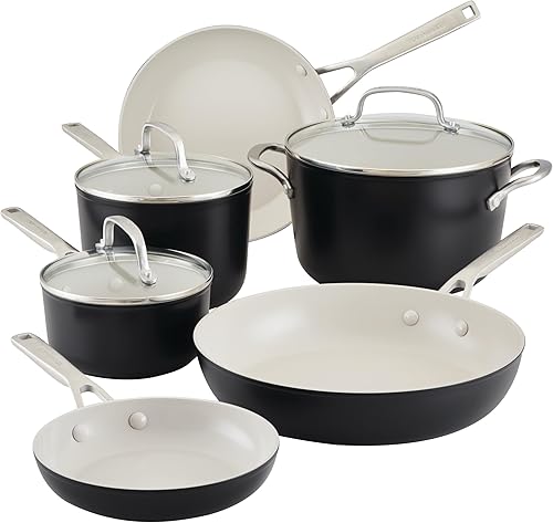 KitchenAid Juego de ollas y sartenes antiadherentes de cerámica anodizada dura, 9 piezas, negro mate