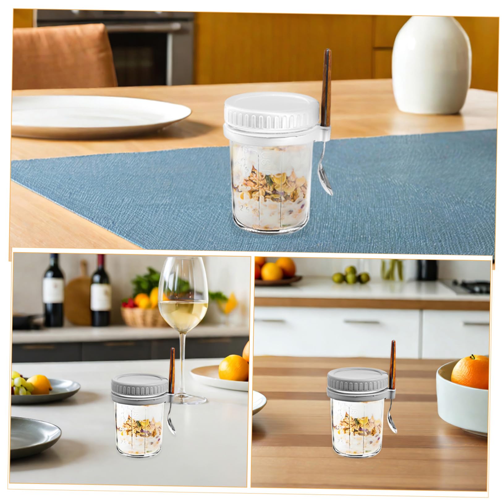 4 pièces Bocaux Verre Déjeuner avec Cuillères Intégrées Pots Hermétiques pour Overnight Oats Yaourt Fruits Secs Cuisine Polyvalente