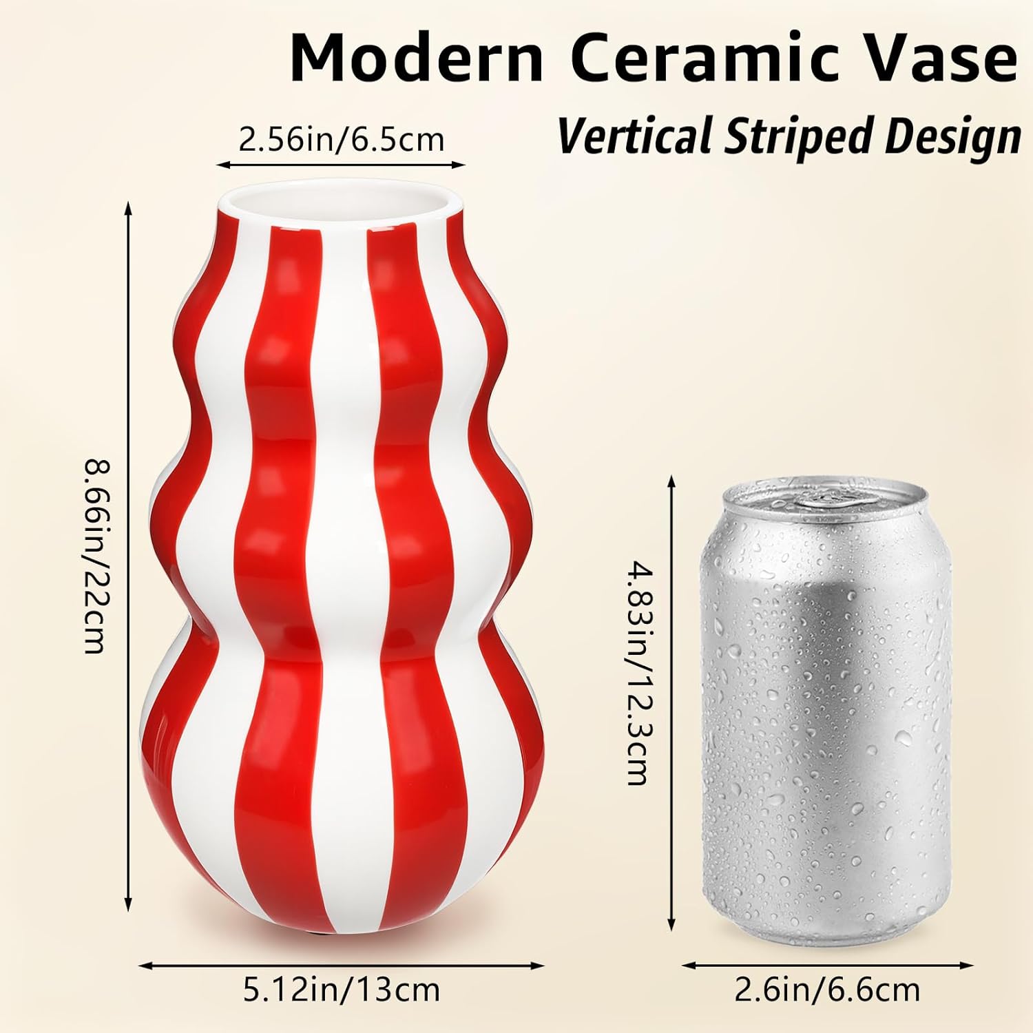 Red and White Ceramic Vase, 8.66 in Tall Modern Striped Table Centerpiece, Minimalist Decorative for Flowers, Pampas Grass, Dried Arrangements, Home Decor for Living Room, Bedroom, Office, Shelf - Image 2