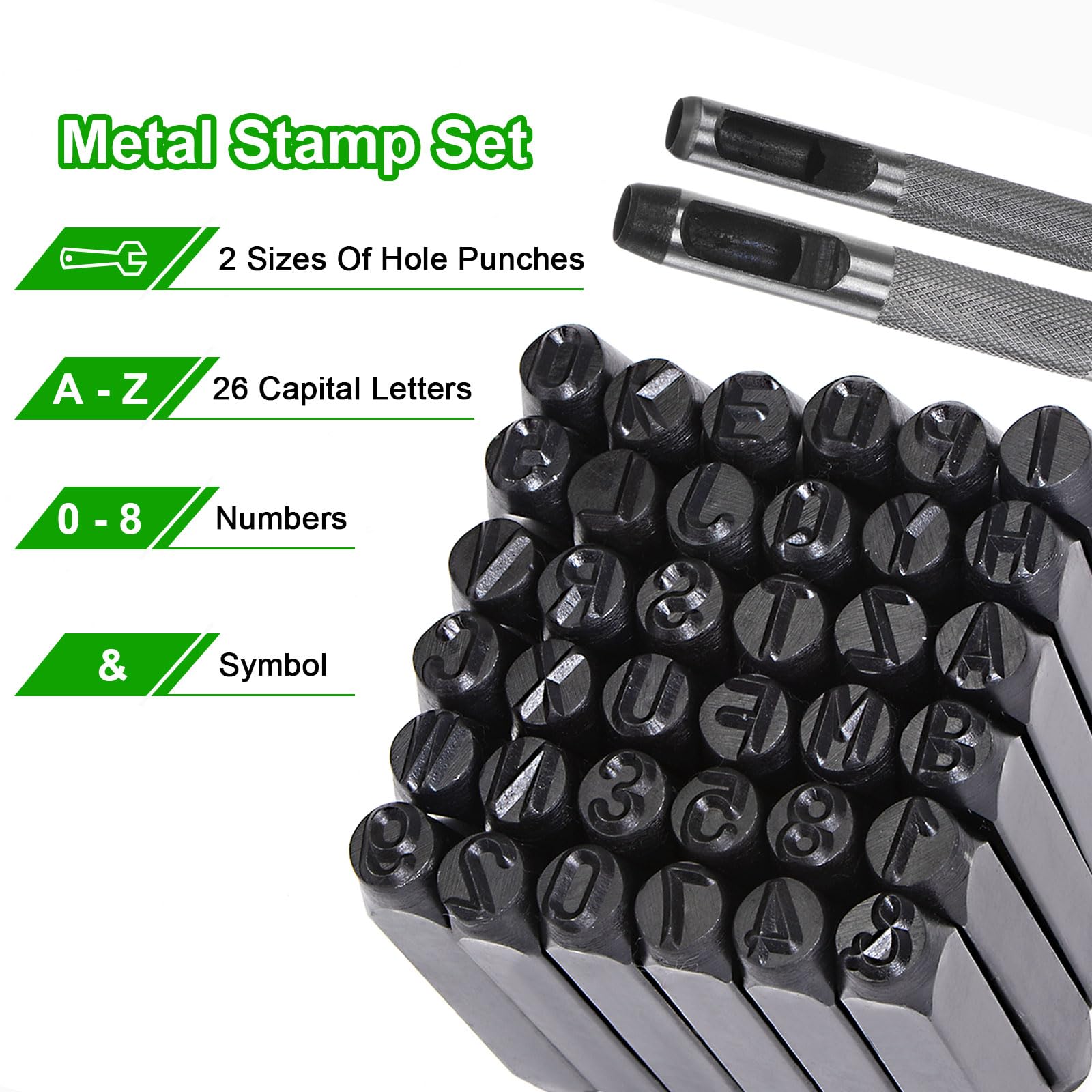 QUARKZMAN 36pz Metallo Stampaggio Kit 5/16" (8mm) (AZ, 0-8,"&" Simbolo) Acciaio Lettera Pugno Premere Utensile con Foro Pugno per Stampa su Metallo, Plastica, Legno, Pelle, Nero