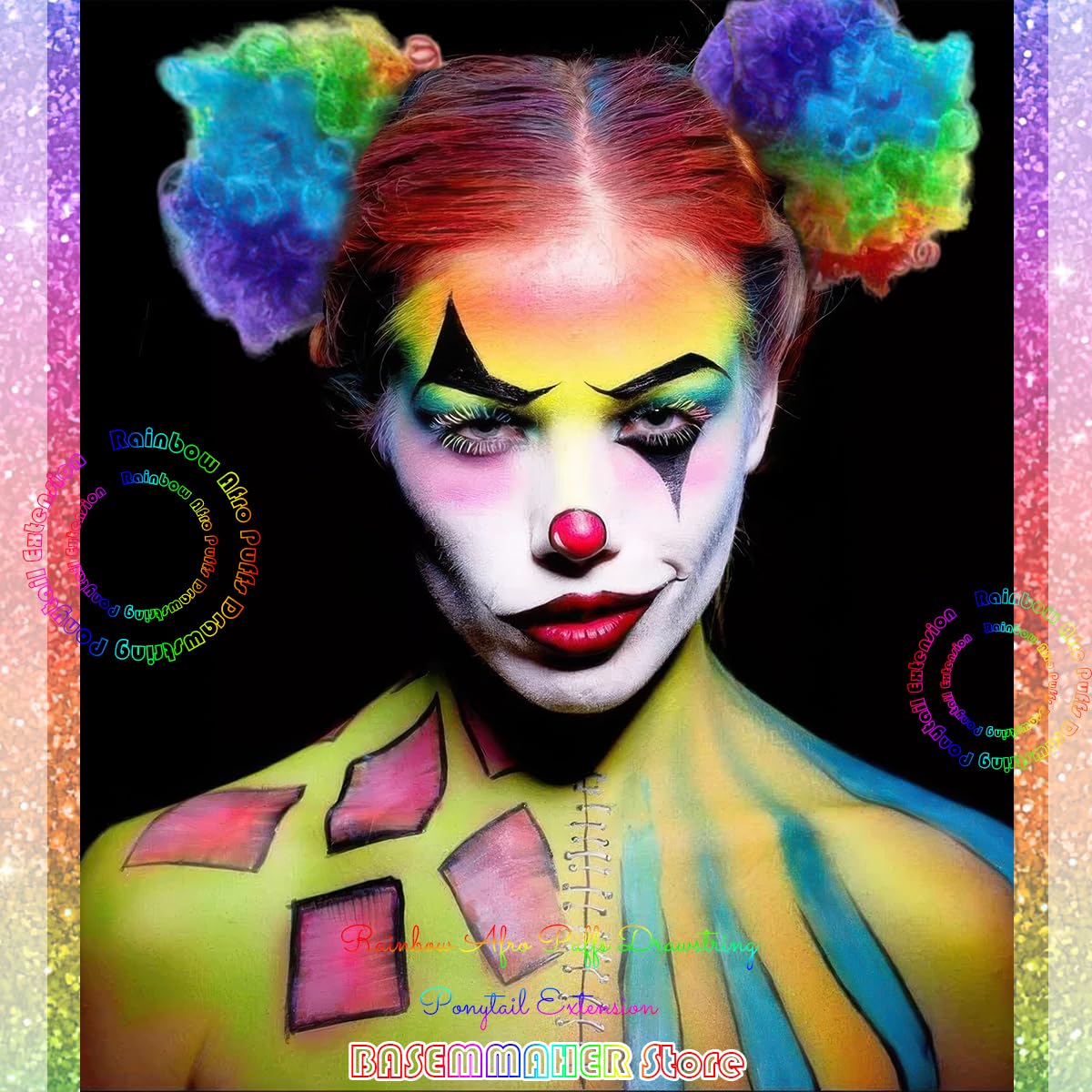 Rainbow Clown Wigs 2pcs Synthetic Afro Puff Bun Extensions for Cosplay Parties Funny Clown Curly Afro Synthetic Wigs Rainbow Wig Colorful  main image 4