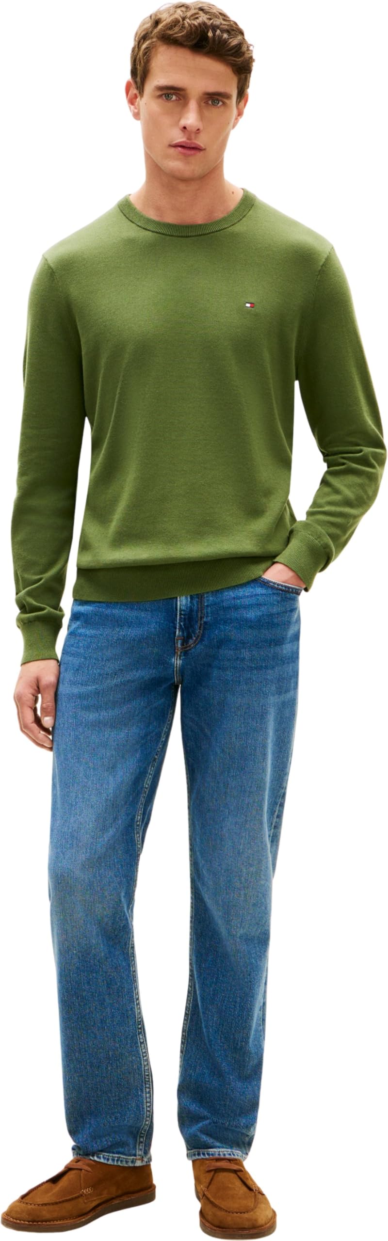 Tommy Hilfiger Essential SSNL MW0MW39999 - Suéter de algodón con Cuello Redondo para Hombre, Color Verde, Talla M, Verde (Pino de montaña), M