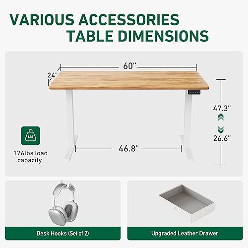 Miniatura 3 de FEZIBO Escritorio eléctrico de altura ajustable con cajón, tablero de 63 x 24 pulgadas, marco plateadoparte superior rústica marrón claro