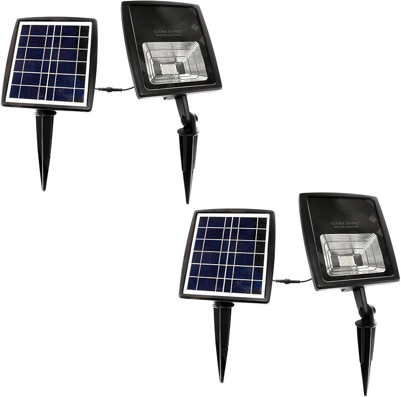 Gama Sonic Dual Color Solar Flood Light, Outdoor Black Cast Aluminum, Stake or Flat Mount Uplight for Trees, House, Landscaping, Walls with Detachable Solar Panel 2-Pack 203iP250090