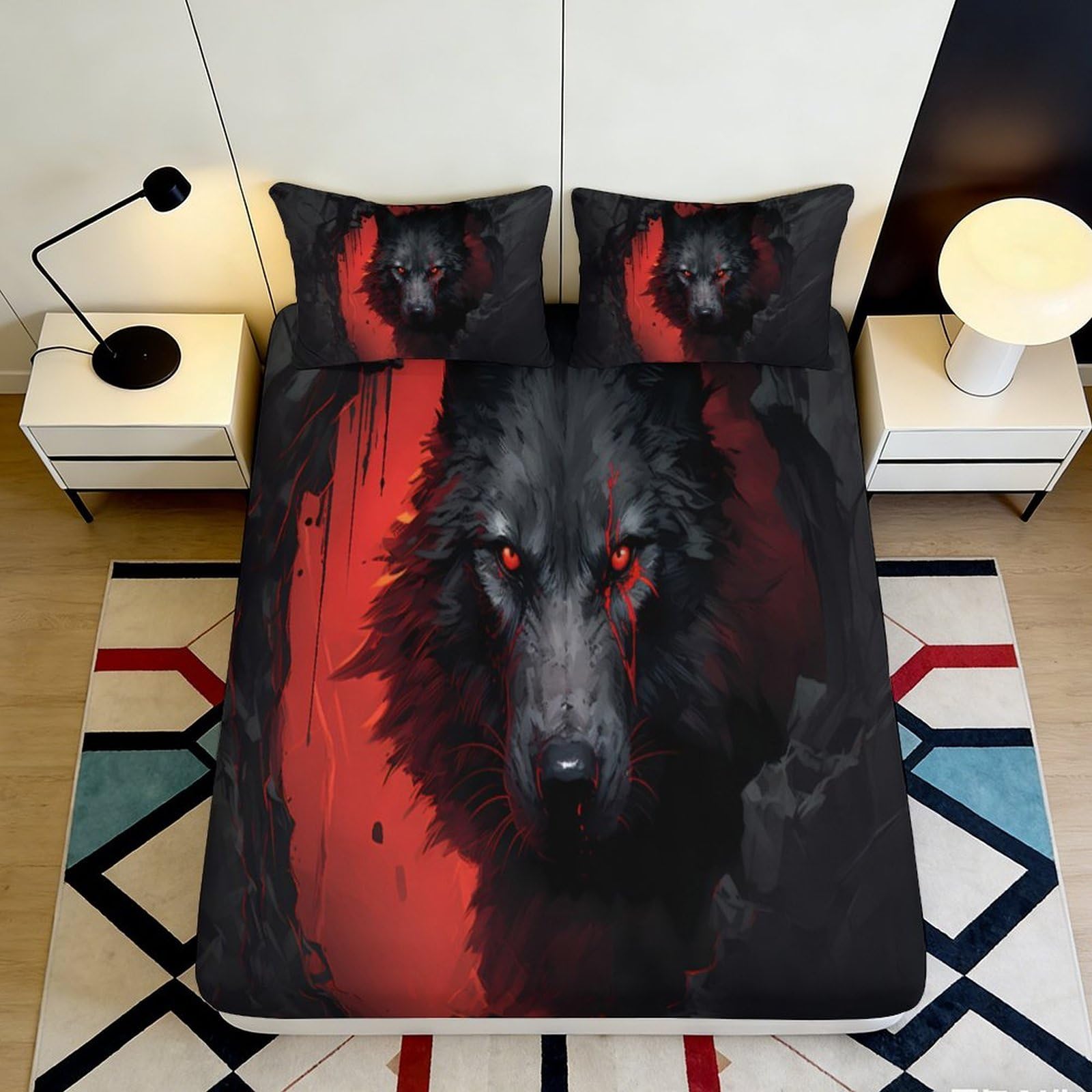 3D Printed Wolf Fitted Sheet Microfiber Elastic Hem for Adult Bedroom Full Wrap Wolf Mattress Fitted Cover Deep Pocket Non-Slip Washable 140x200x25cm