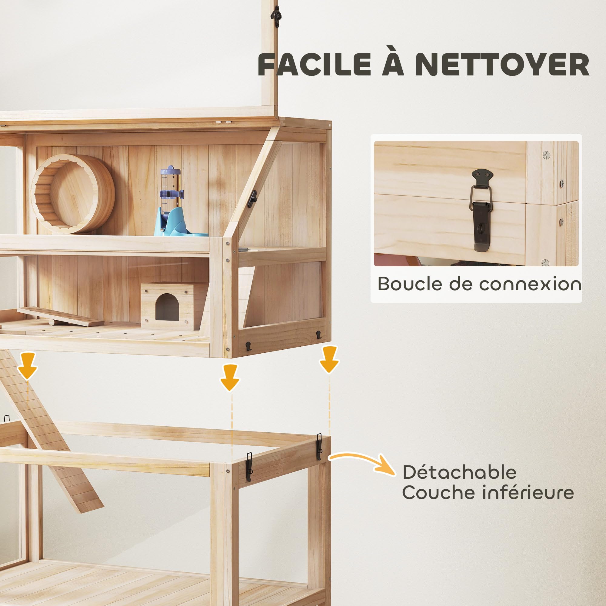 PawHut Gabbia per criceto in legno XXL – Habitat per roditori a 3 piani con pannello acrilico e ruota – Casa piccolo animale di lusso con accessori e ripiano di stoccaggio, 80 x 53 x 117 cm, effetto