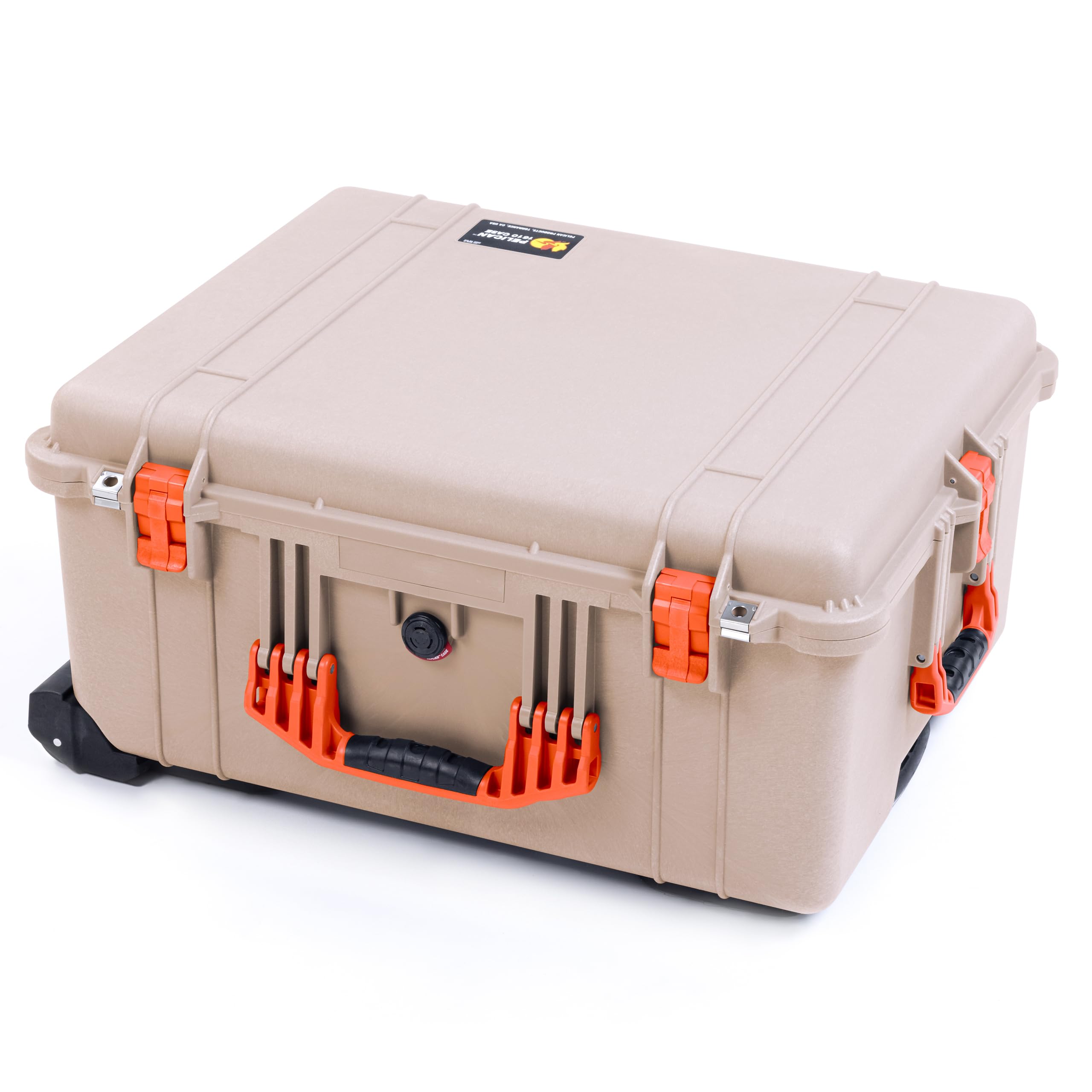 Pelican 1610 Case by ColorCase - Desert Tan - Large Sized Waterproof Case with Gray Padded Dividers & Mesh Lid Organizer - Orange Handles & Latches