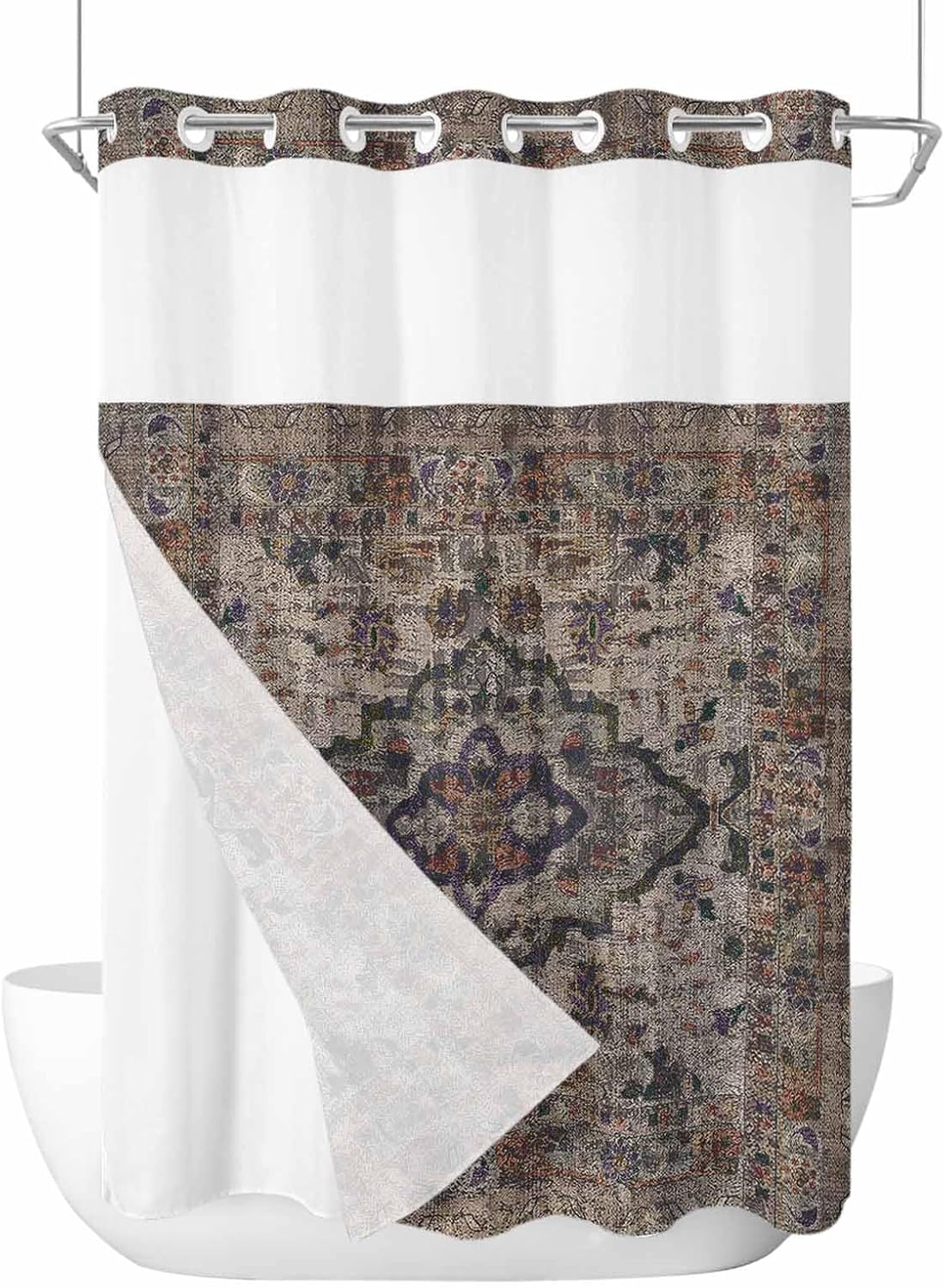 No Hook Shower Curtains with Snap-in Liner Set, Boho Vintage Waterproof Hotel Bathroom Shower Curtain, Modern Geometric Abstract Art Retro Flowers Breathable Mesh Top Window Bath Curtains 72''x84''