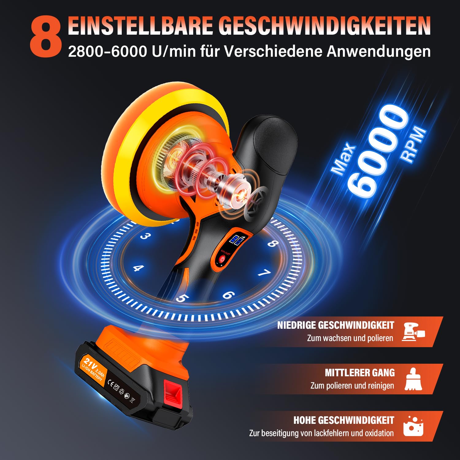 Lucidatrice Auto a Batteria, 8 Velocità Variabili, 2800–6000 giri/min, Lucidatrice Rotorbitale con 2 Batterie da 21 V 2.0 Ah e 21 Pezzi Kit Lucidatura Auto per la Cura dei Dettagli dell'auto