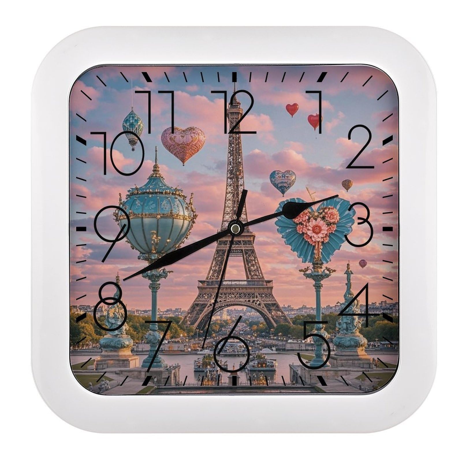 LZQPOEAS Romantic Paris Eiffel Tower 2 Wall Clock Fashionable Versatile Silent Wall Clock Simple Elegant Non Ticking Analog Clocks Easy to Install Square Modern Clocks for Home Decoration