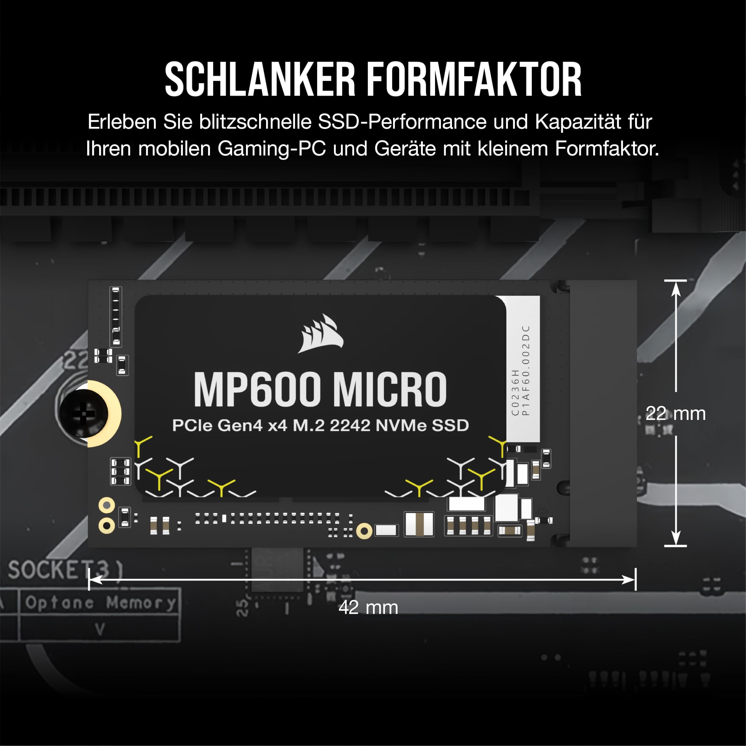 Corsair MP600 Micro 2TB M.2 NVMe PCIe x4 Gen4 SSD – M.2 2242 – Bis zu 7.000MB/Sek. Sequentielles Lesen – Hohe Dichte 3D TLC NAND – Kompatibel mit Lenovo Legion Go und Dünne Notebooks – Schwarz