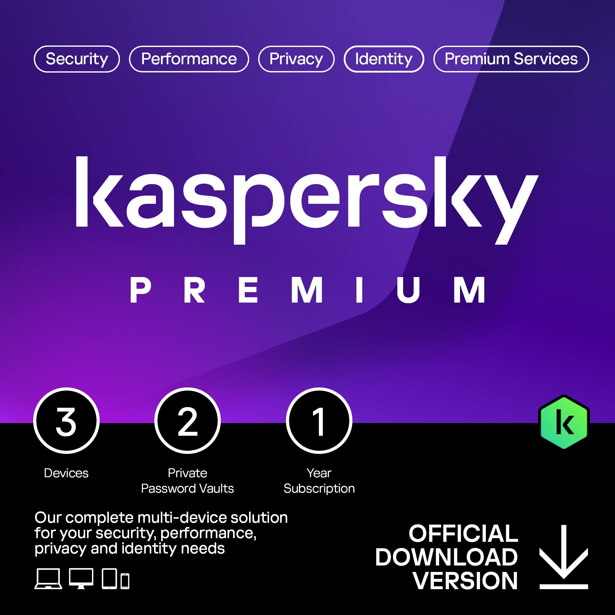 Kaspersky Premium Total Security 2023 | 3 Devices | 1 Year | Anti-Phishing and Firewall | Unlimited VPN | Password Manager | Parental Controls | 24/7 Support | PC/Mac/Mobile | UK Online Code