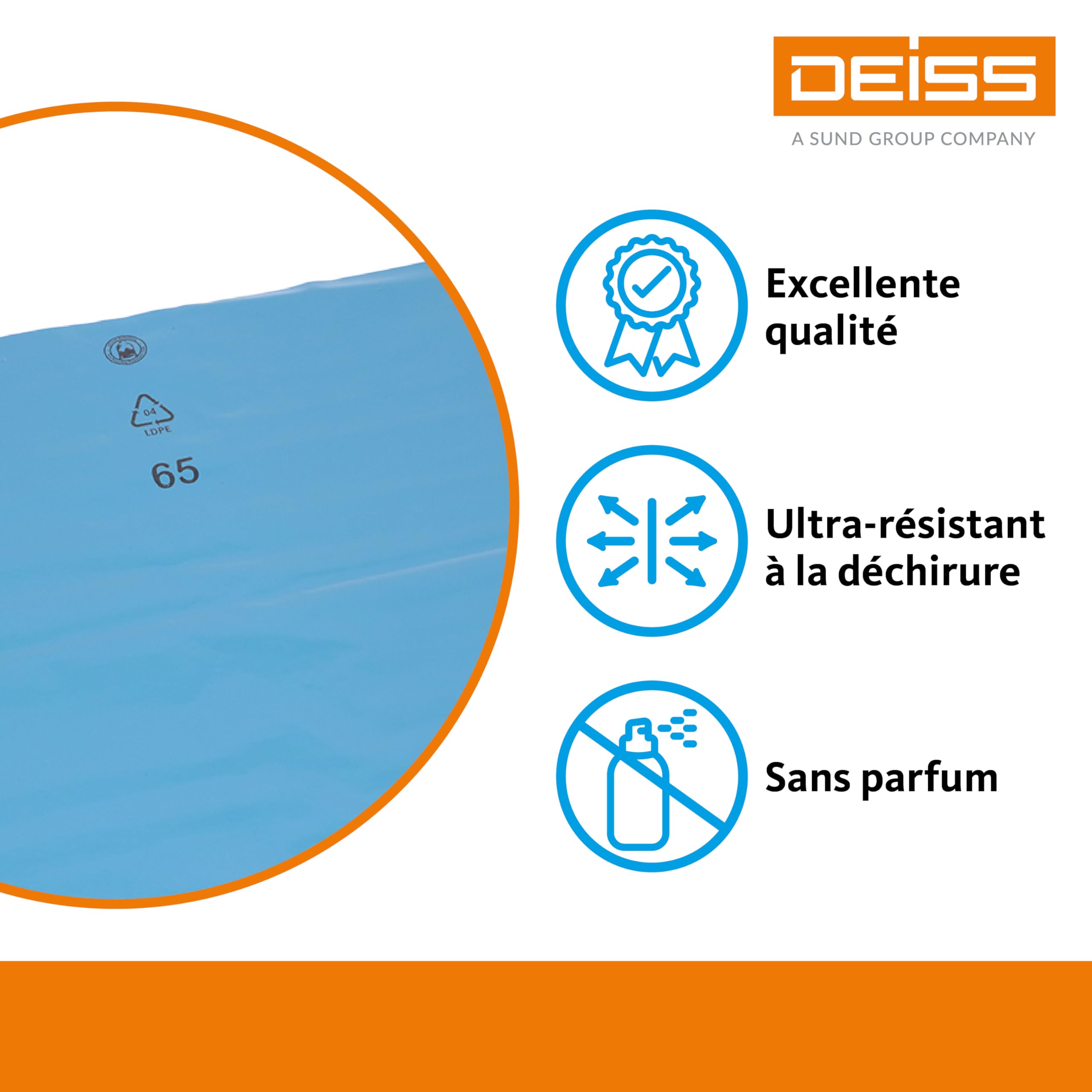 DEISS Sacs à déchets 240L bleus – 1000x1250 mm – 60 µm – LDPE recyclé – 100 sacs/carton – robustes et opaques – pour restauration, nettoyage, industrie et collectivités
