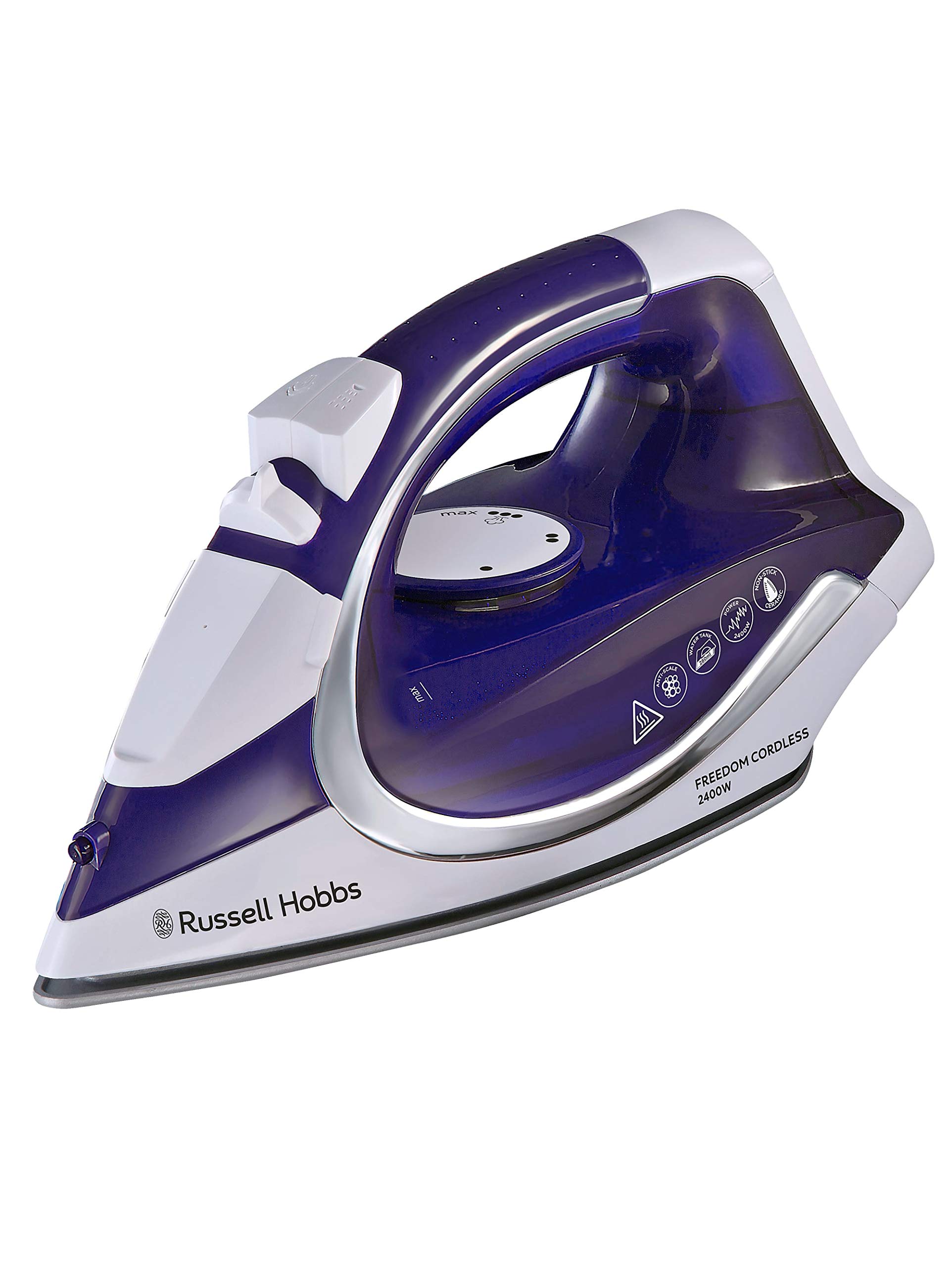 Russell Hobbs Plancha de Ropa Sin Cable Supreme Steam Cordless - 2400 W, Suela de Cerámica, Plancha Inalámbrica, Golpe Vapor 135g, Antical, Antigoteo, Apagado Automático, Morado y Blanco - 23300-56
