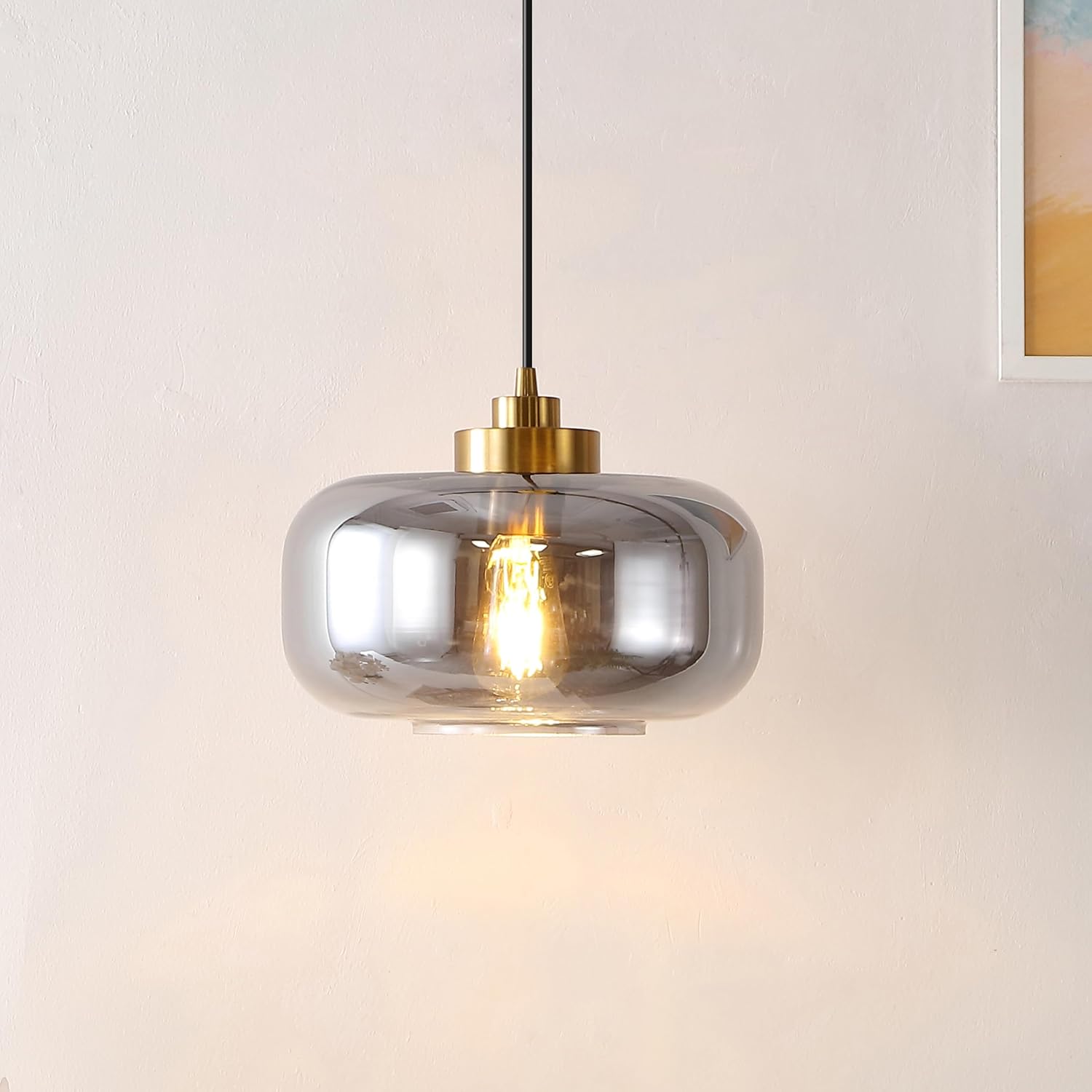 SAFAVIEH Lighting Collection Edge Smoke Grey/Brass Adjustable Pendant Hanging Light Fixture, Ideal for Dining Room, Kitchen Island, Entryway (LED Bulb Included)