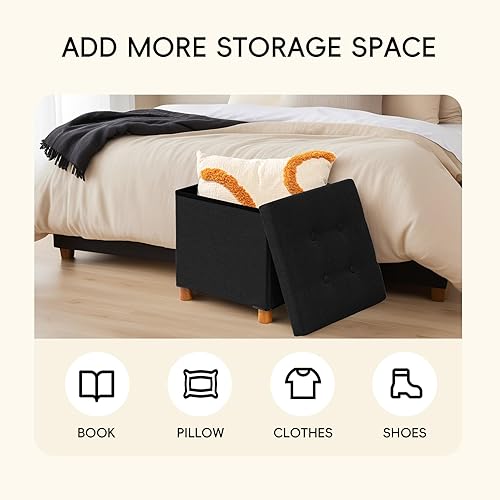 Miniatura 4 de PINPLUS Cubo otomano de almacenamiento, reposapiés de lino blanco con patas de madera, reposapiés de tela plegable, asiento cómodo con tapa, otomana