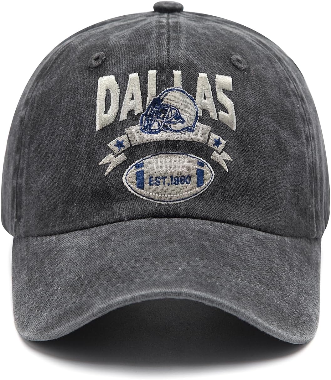 Embroidered City Vintage Washed Denim Football Hats for Men Women, Unisex Adjustabl...
