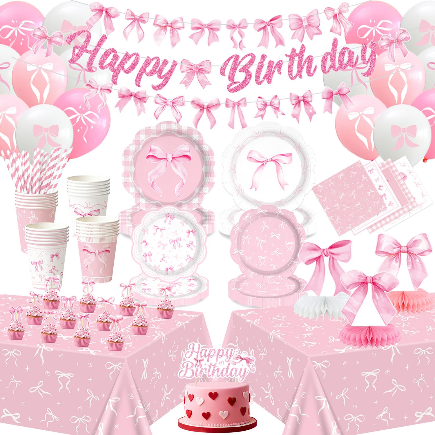 Pink Bow Birthday Decorations, Bow Party Decorations, Plates Cups Napkins Bow Party Tablecloth Happy Birthday Banner Balloons Centerpieces Cake Toppers for Coquette Birthday Supplies