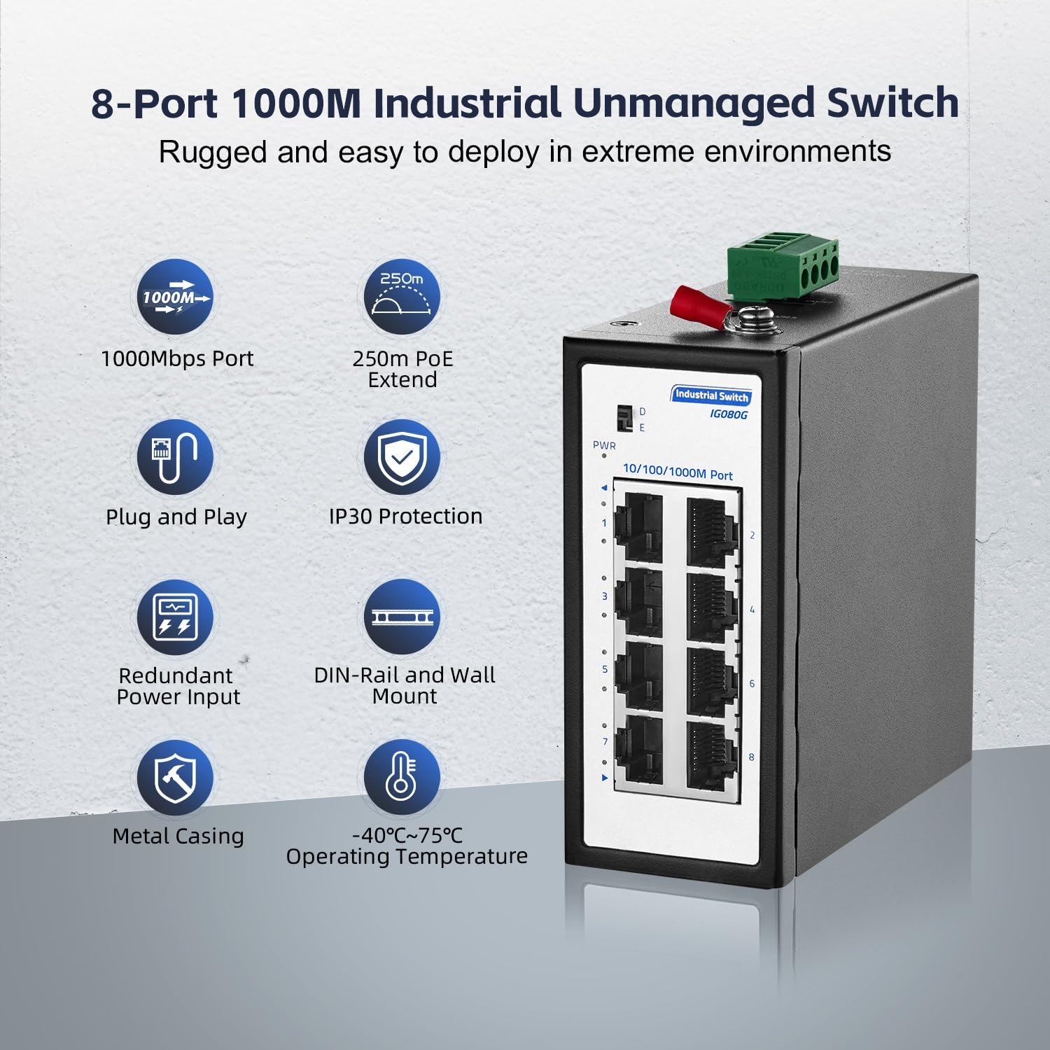 8 Port Mini Gigabit Industrial Switch, 100/1000Mbps Ethernet, Din Rail & Wall Mount Included, YuLinca Unmanaged IP30 (-40~185°F) Hardened Network Switch