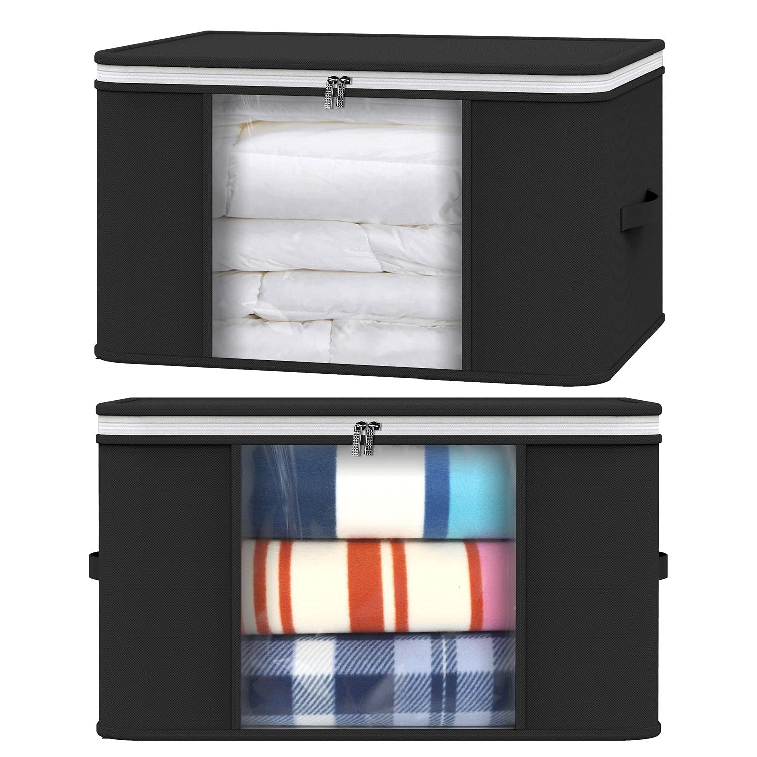 Vinsani 2pcs Clothes Storage Bags Organiser Huge Capacity Wardrobe Duvet Underbed Storage with Double Zipper, Moisture-Proof Big Clear Windows Perfect Space for Clothes, Beddings, Blankets - Black