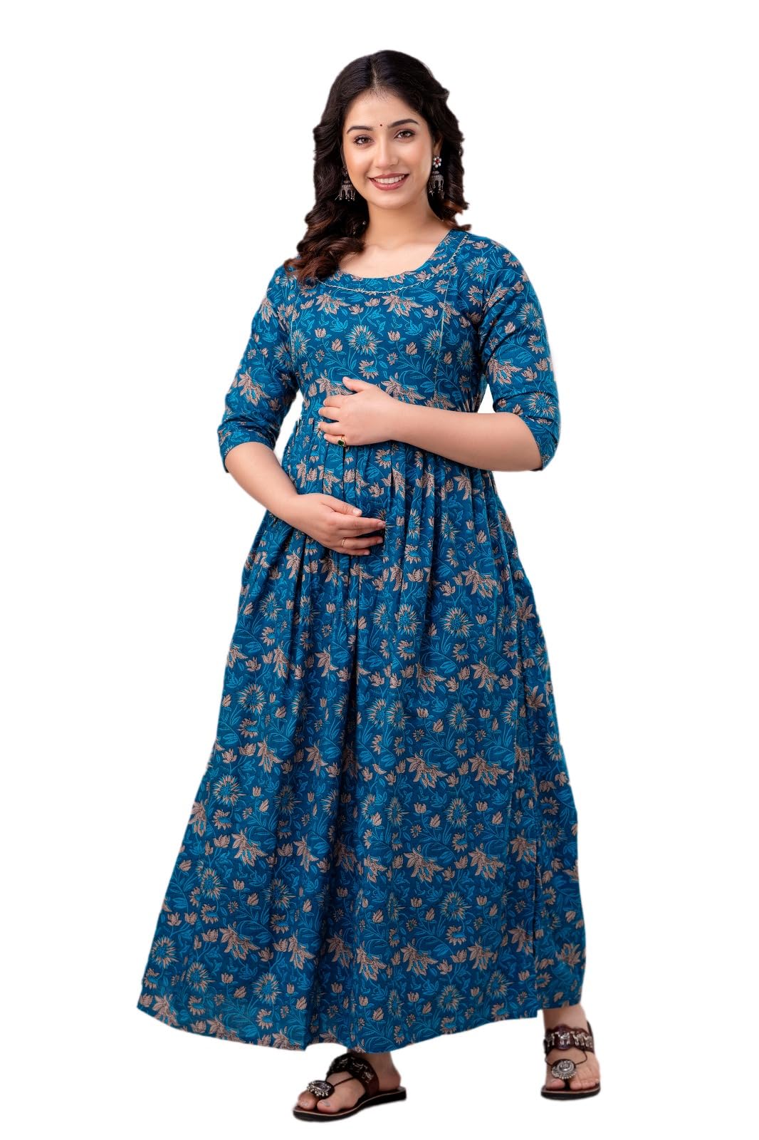 Women's Cotton Long A-Line Maternity Kurti/Anarkali Dress with Zipper, Feeding Kurti for Pre and Post Pregnancy