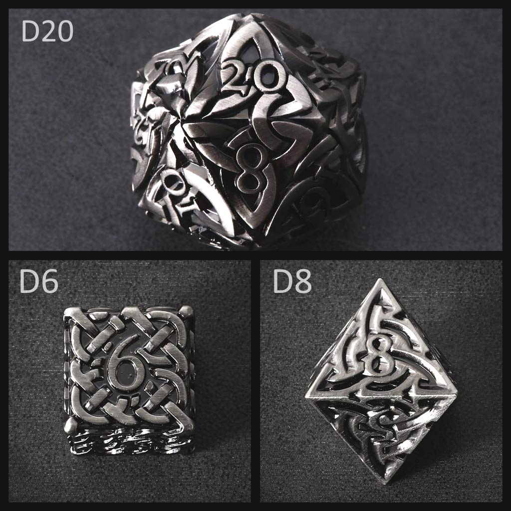 Juego de dados de honor sin fin de plata envejecida, 7 piezas de metal poliédrico, nudos celtas, extra pesados y grandes para DND DnD5e TTRPG de mesa, RPG, dados de luchador, dados de guerrero