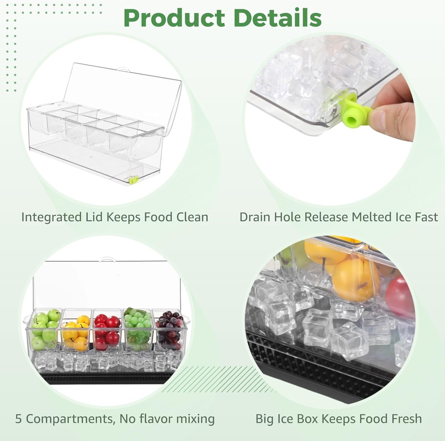 Chilled Condiment Server with Lid, 5-Compartment Plastic Food Storage Container with Drain Holes, Ice Box for Fruits with Cup Coaster, 2 Clips & 6 Fork Spoons, 16.1 x 6.4 x 5.7 in, Transparent - Image 3